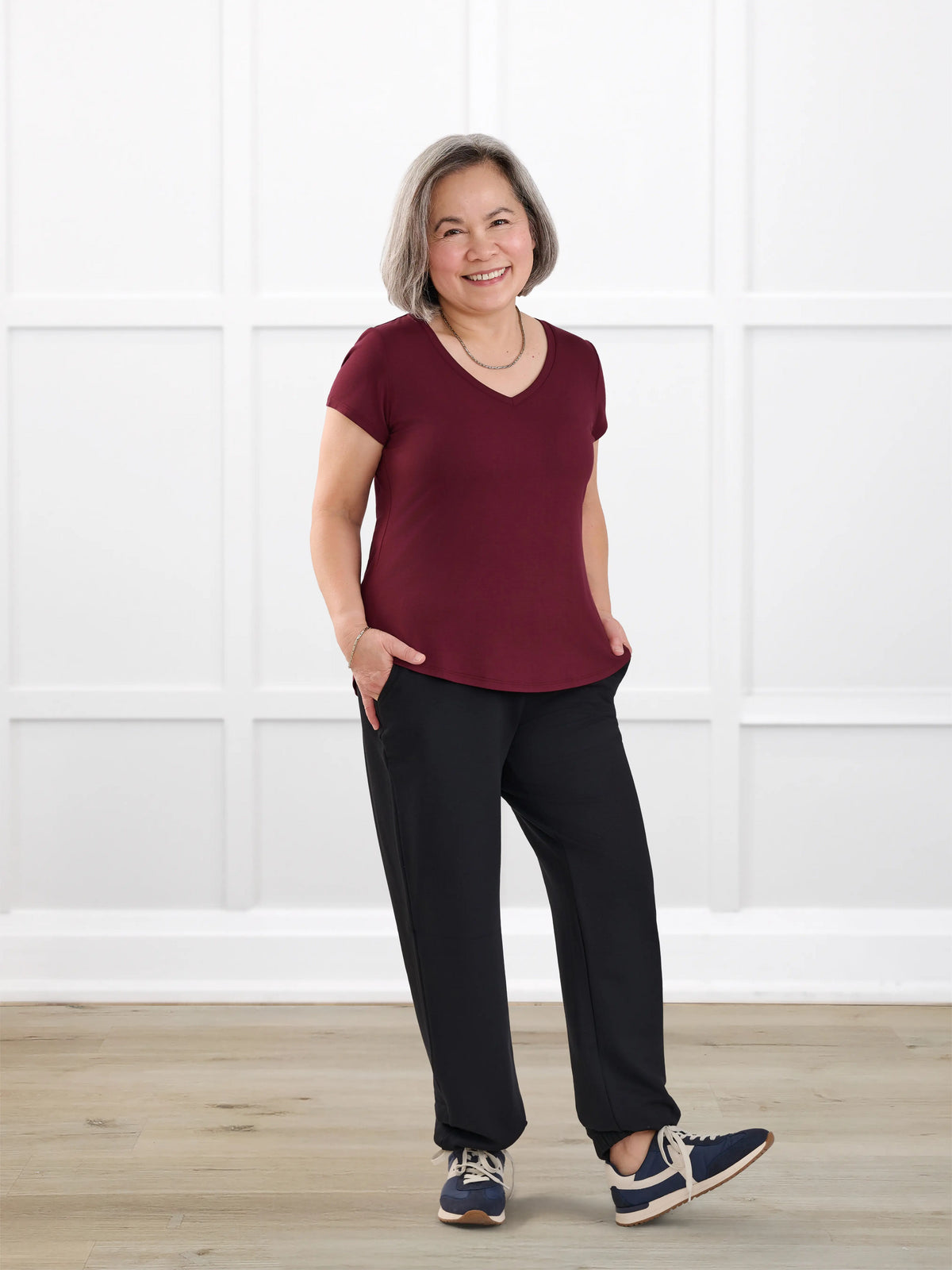 Jaylinn mid rise fleece jogger for women in Black on model Terry, size S @Terry-S 
