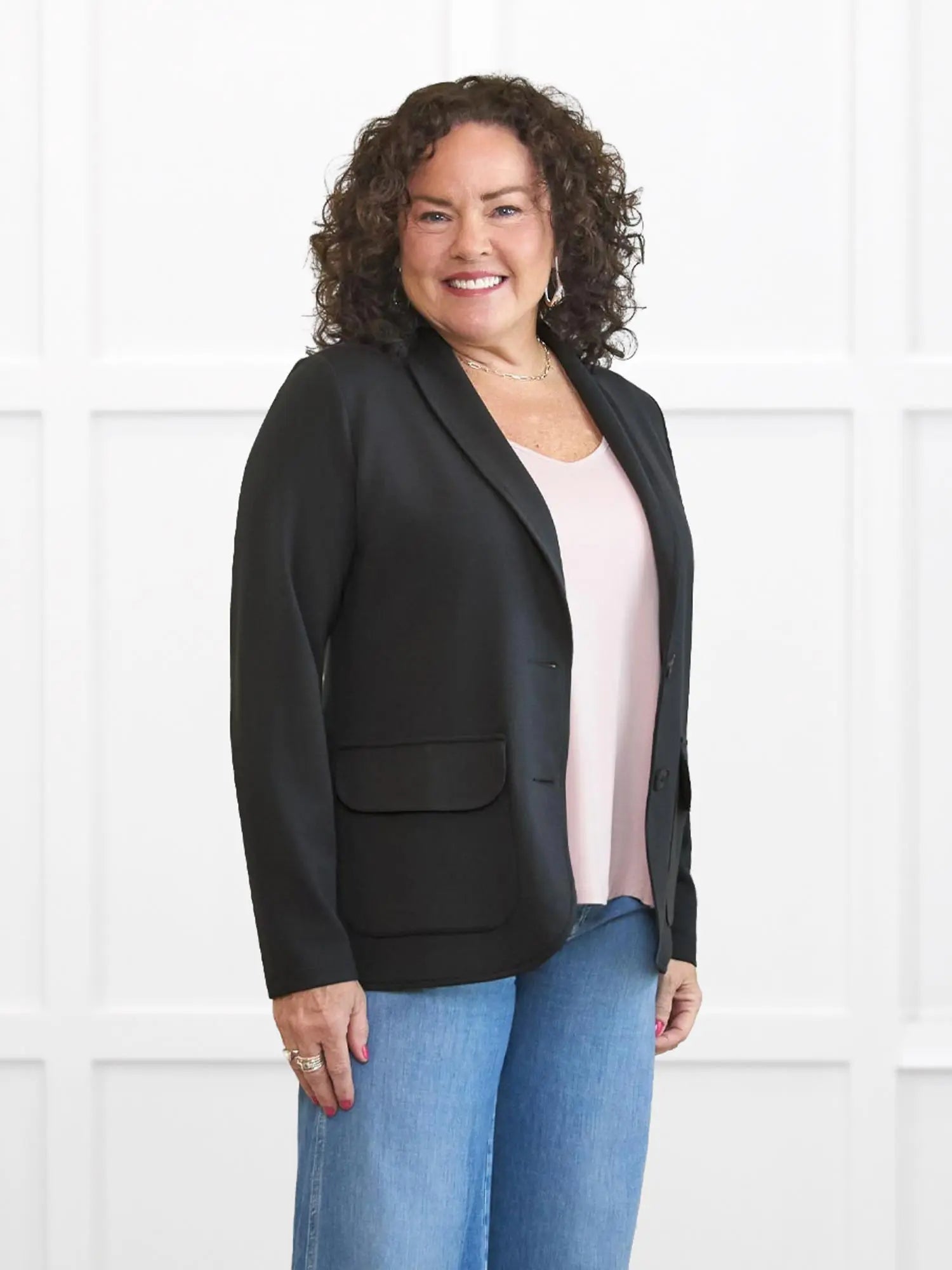 Jessica machine washable ponte blazer for women in Black on model Kerri, size M @Kerri-M 