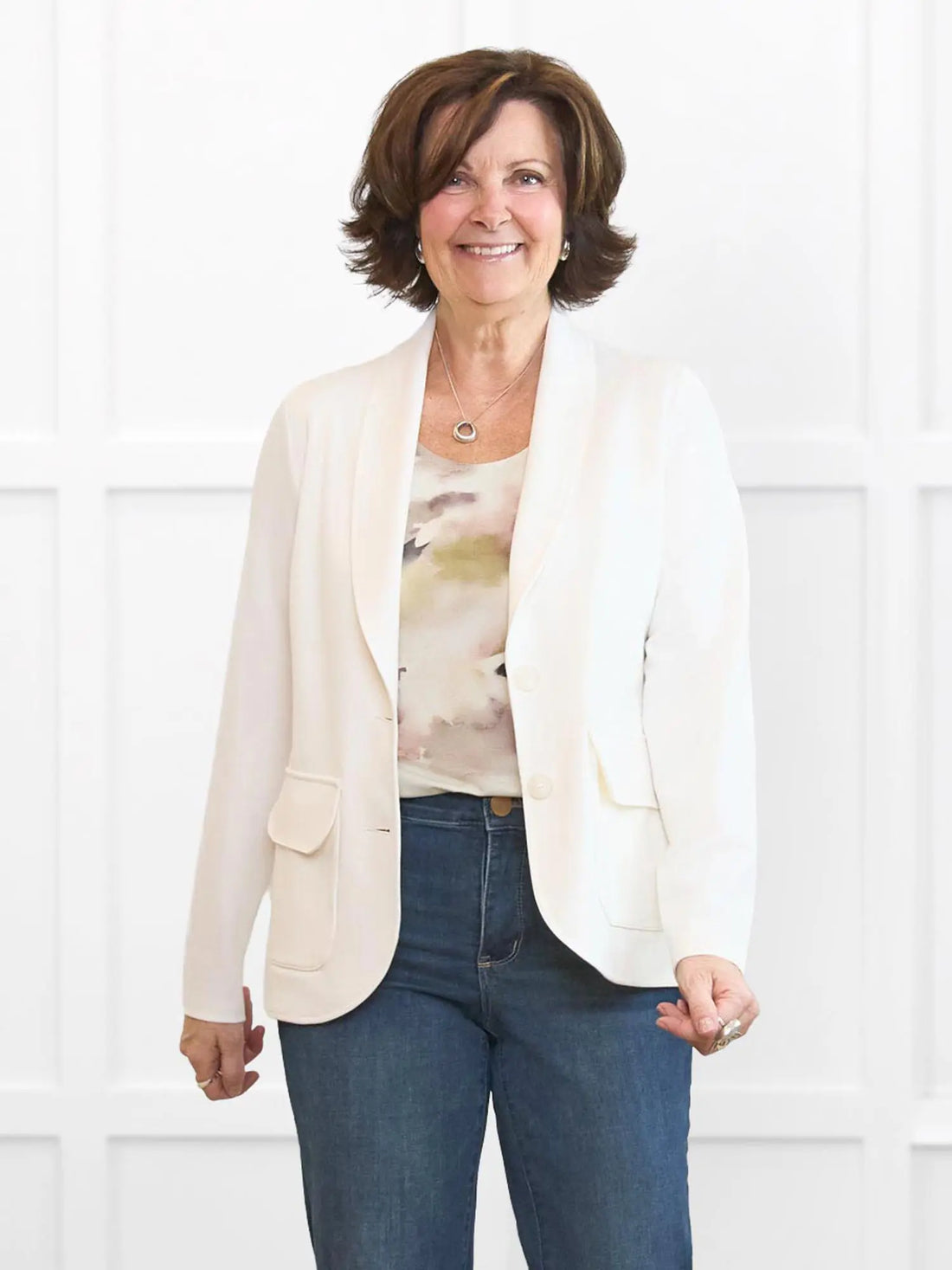 Jessica machine washable ponte blazer for women in Ivory on model Donna, size S @Donna-S 