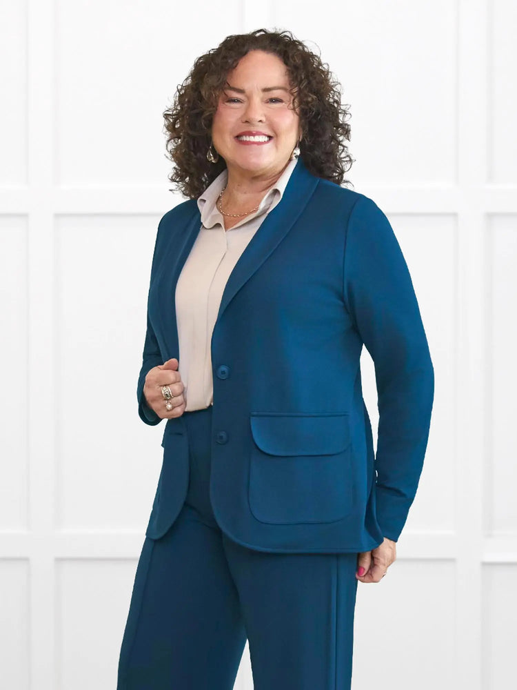 Jessica machine washable ponte blazer for women in Moroccan blue on model Kerri, size M @Kerri-M 