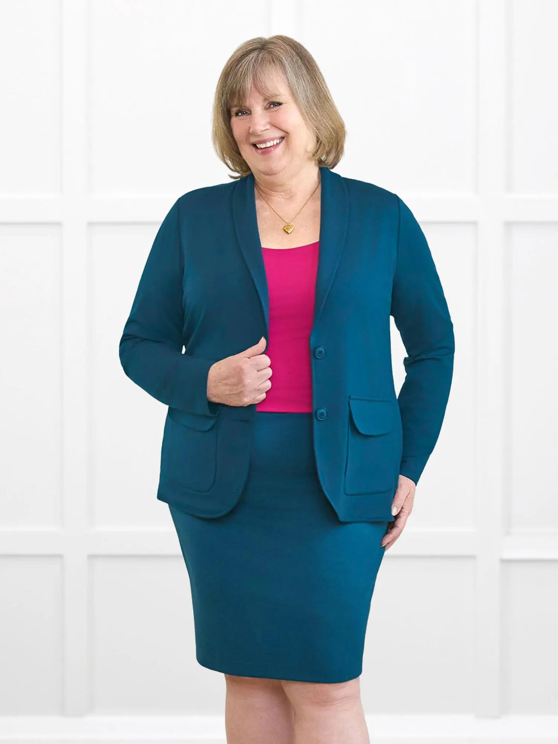 Jessica machine washable ponte blazer for women in Moroccan blue on model Laurie, size XL @Laurie-XL 