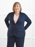 Jessica machine washable ponte blazer for women in Navy on model Laurie, size XL @Laurie-XL 