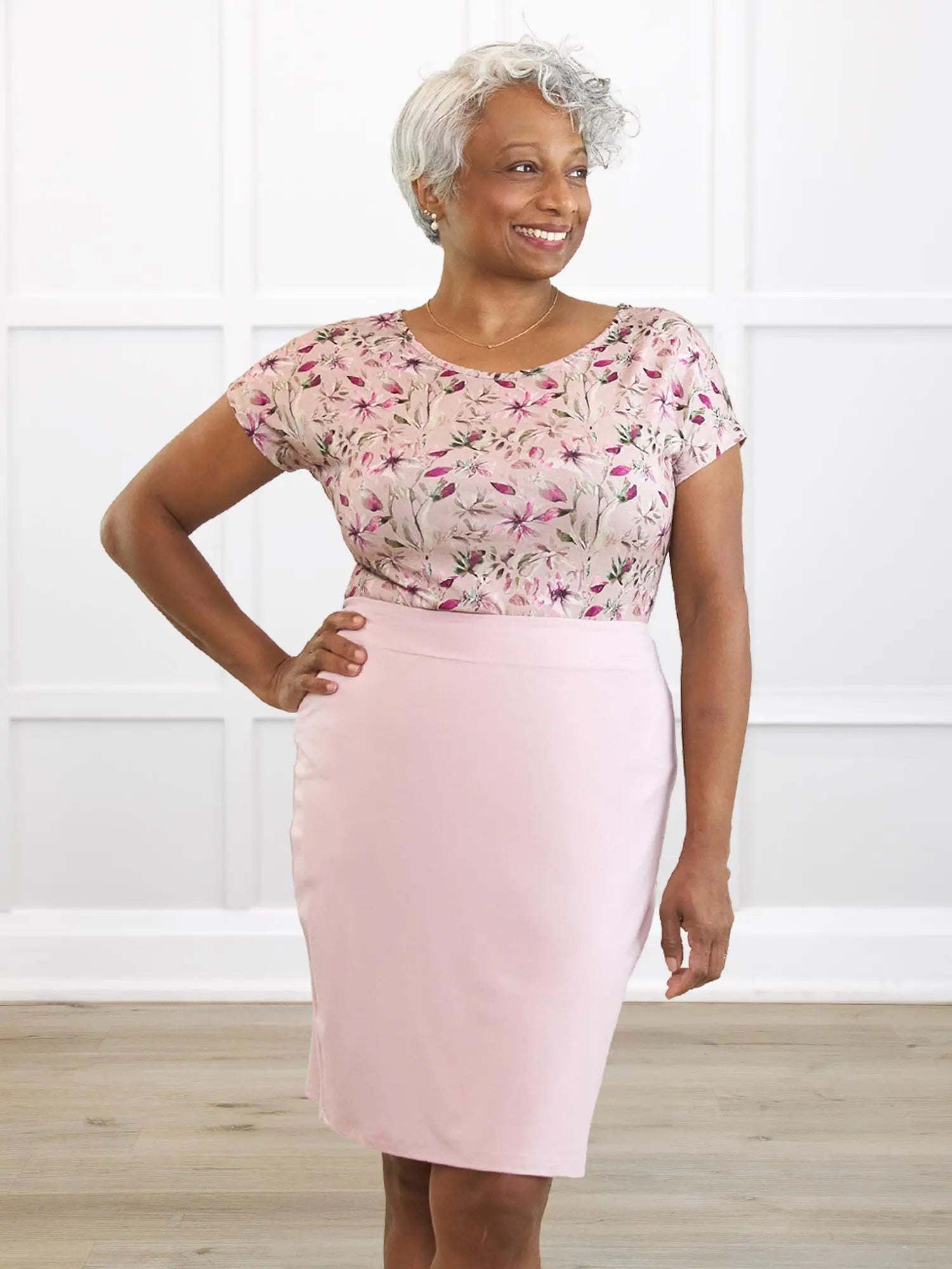 Jilly pull on pencil skirt for women in Ballet pink on model Keethai, size M @Keethai-M 