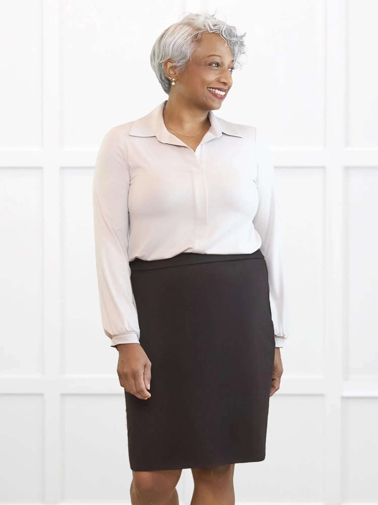 Jilly pull on pencil skirt for women 00 in Dark chocolate on model Keethai, size M @Keethai-M 