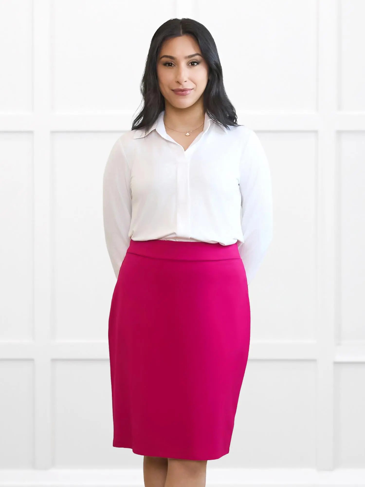 Jilly pull on pencil skirt for women 00 in Dragon fruit on model Yasmine, size XS @Yasmine-XS 