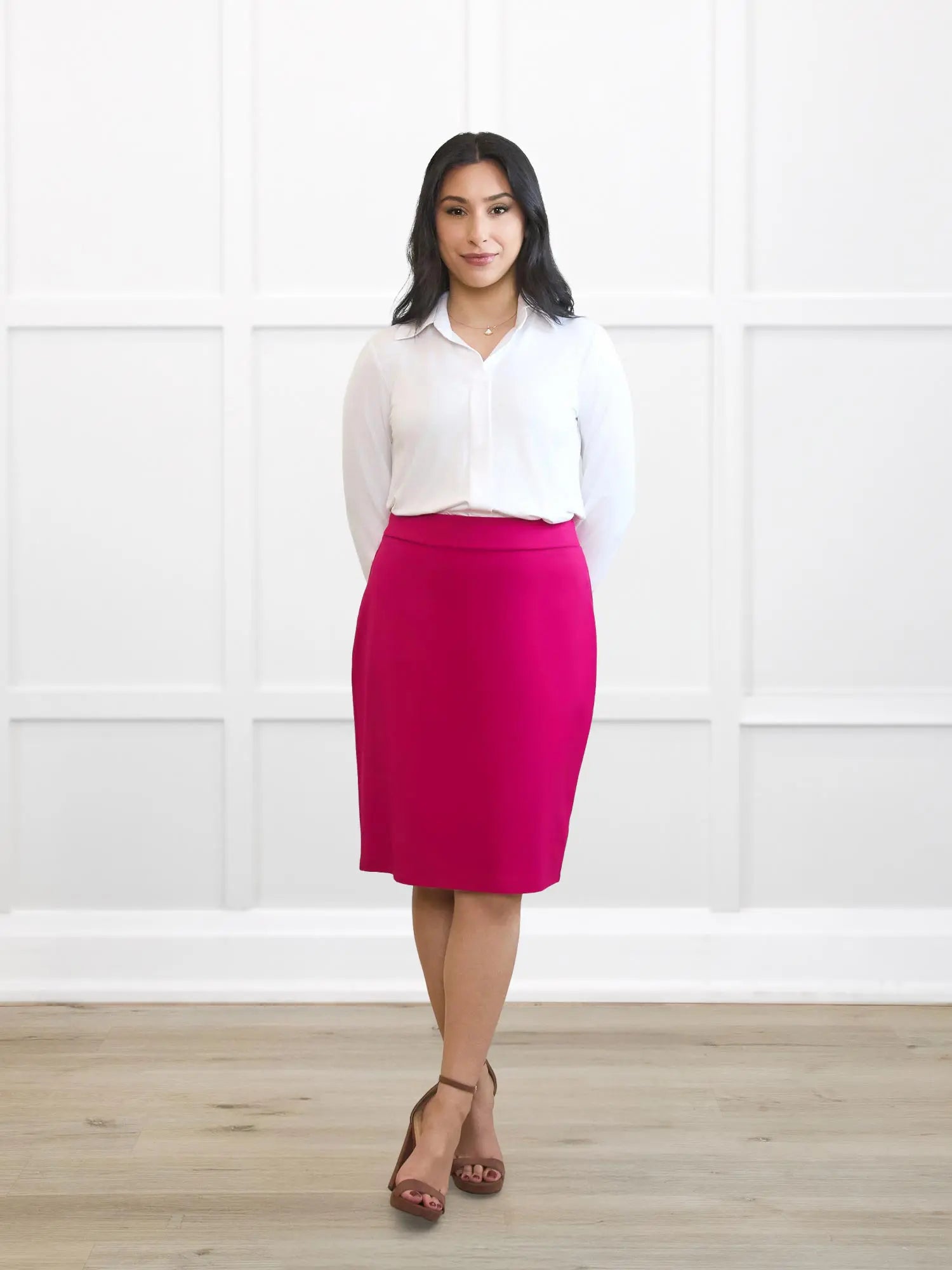 Jilly pull on pencil skirt for women in Dragon fruit on model Yasmine, size XS @Yasmine-XS 