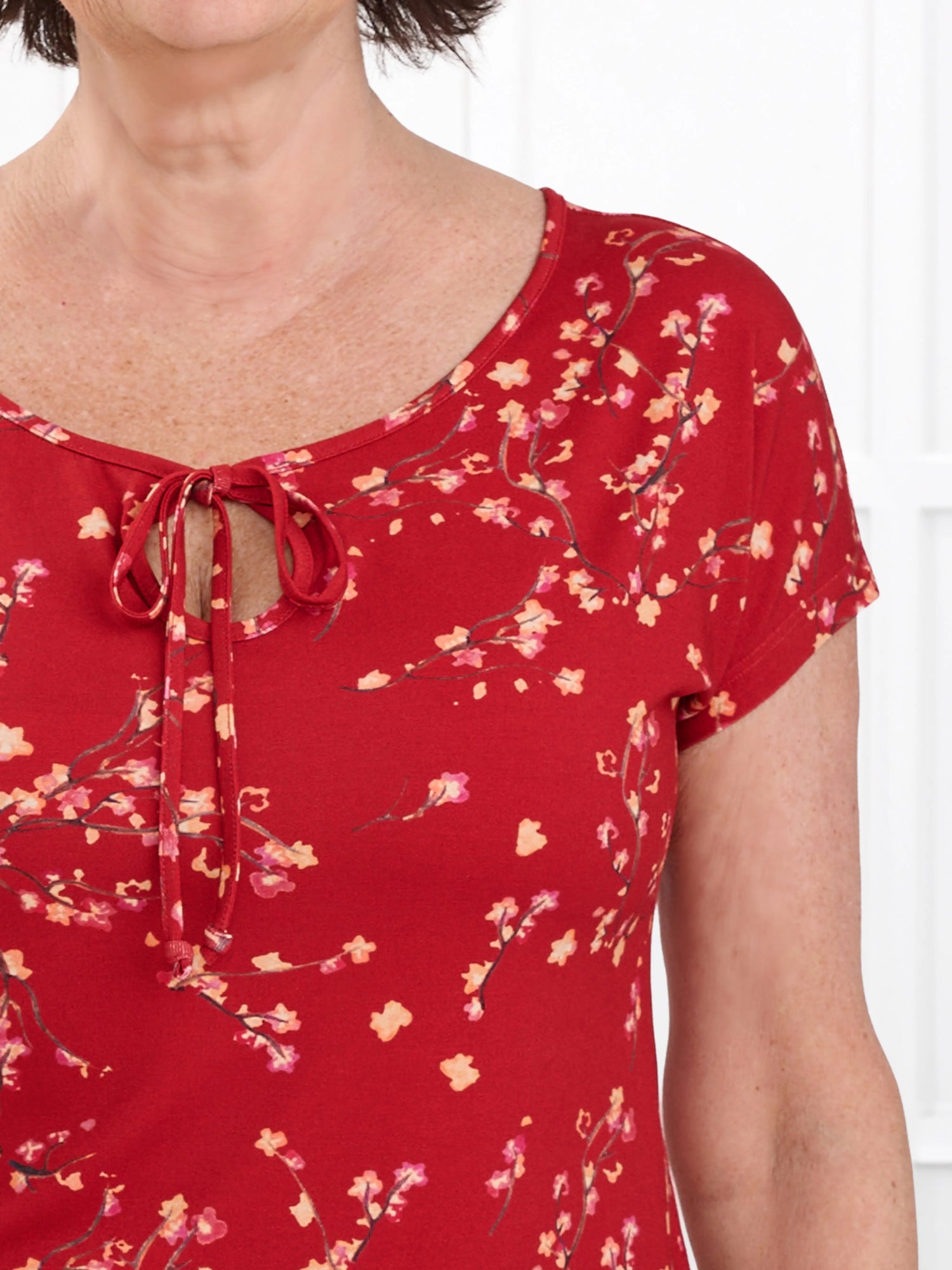 Josette reversible neckline keyhole dolman top for women in Chili blossom 