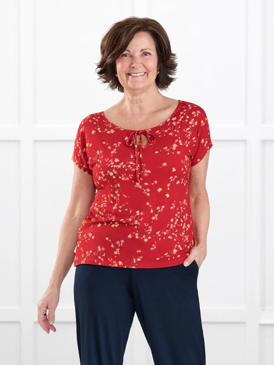 Josette reversible neckline keyhole dolman top for women in Chili blossom on model Donna, size S Regular @Donna-S-regular 