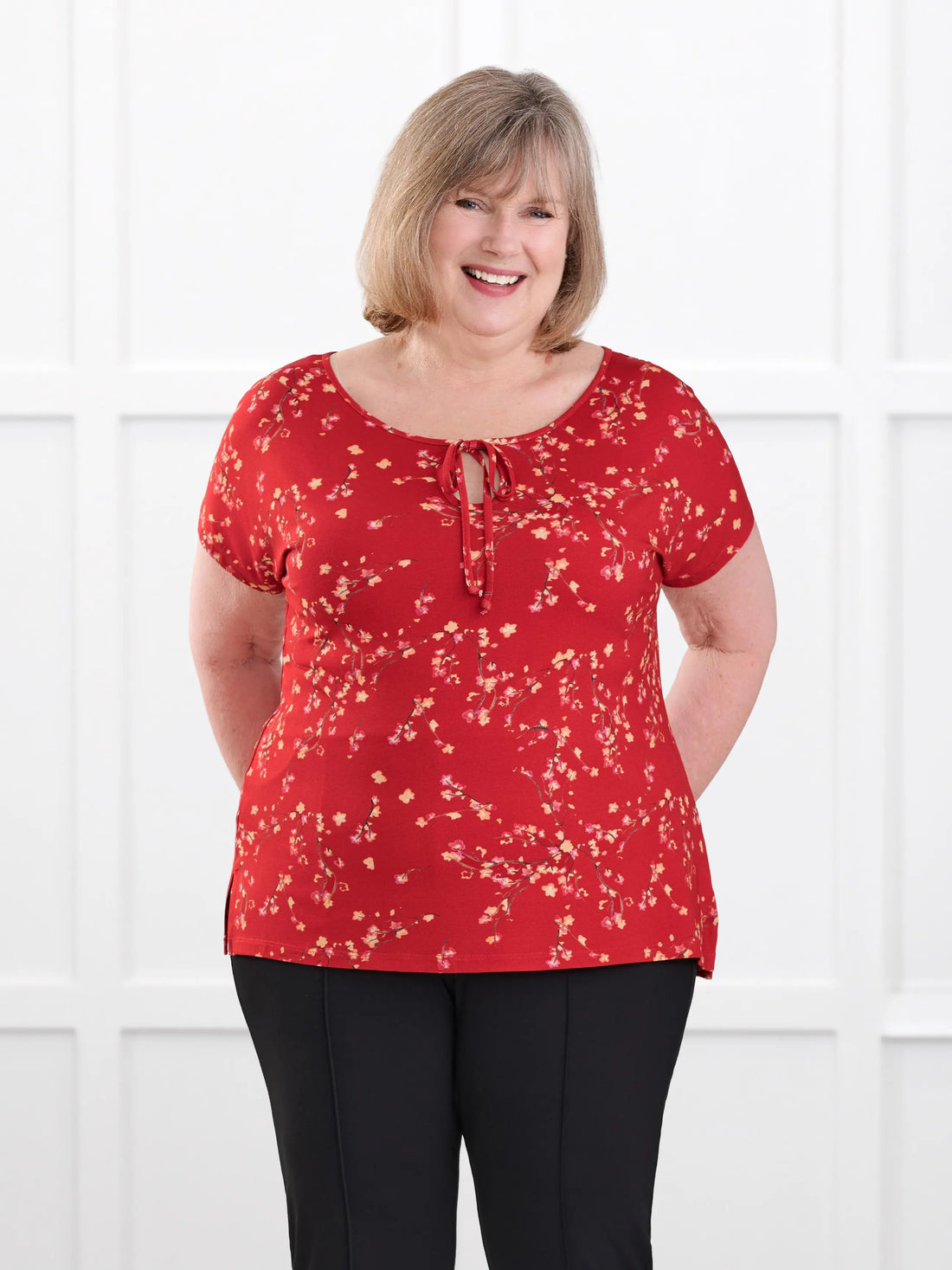 Josette reversible neckline keyhole dolman top for women in Chili blossom on model Laurie, size XXL Regular @Laurie-XXL-regular 