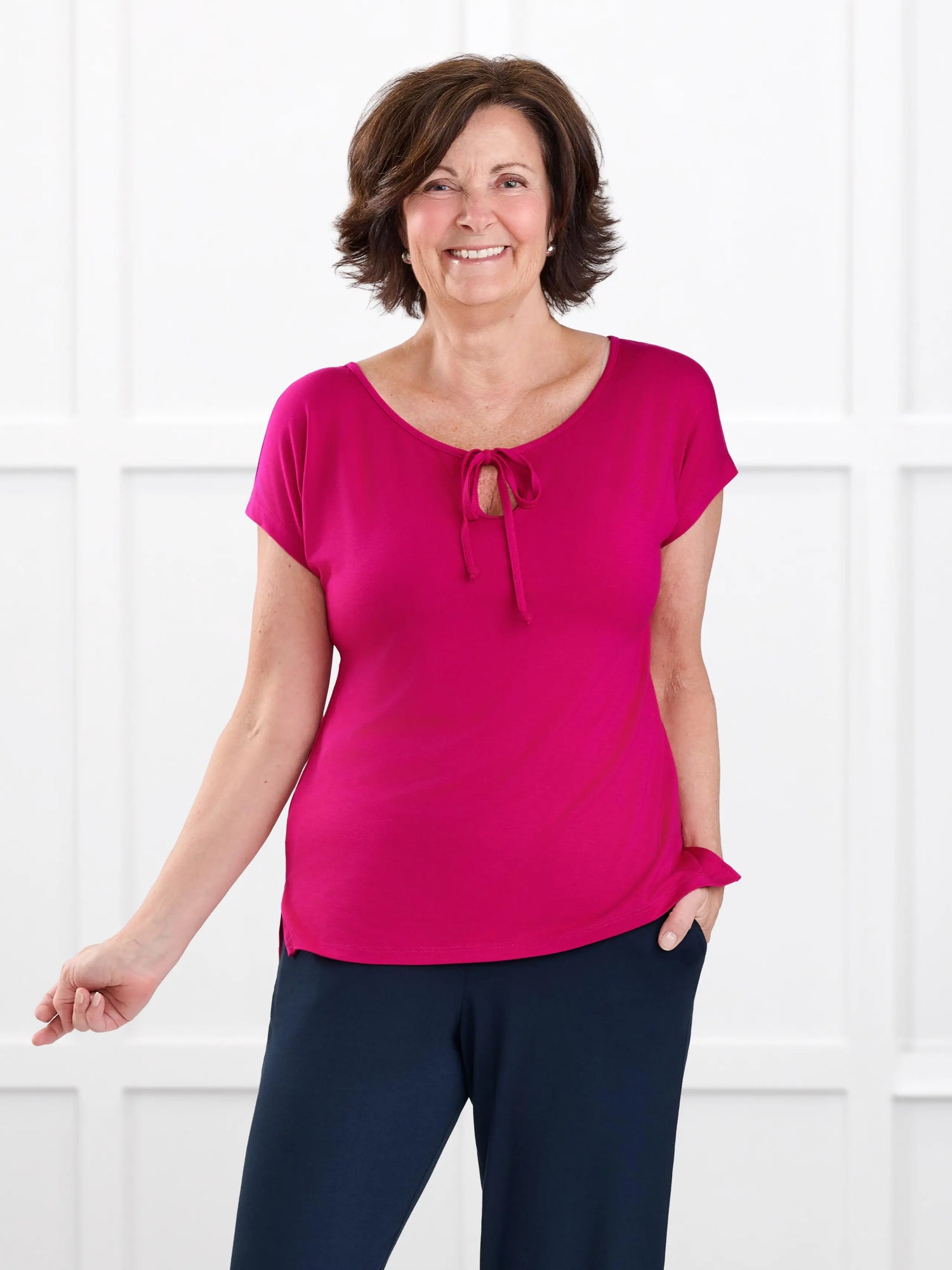 Josette reversible neckline keyhole dolman top for women in Dragon fruit on model Donna, size S Regular @Donna-S-regular 