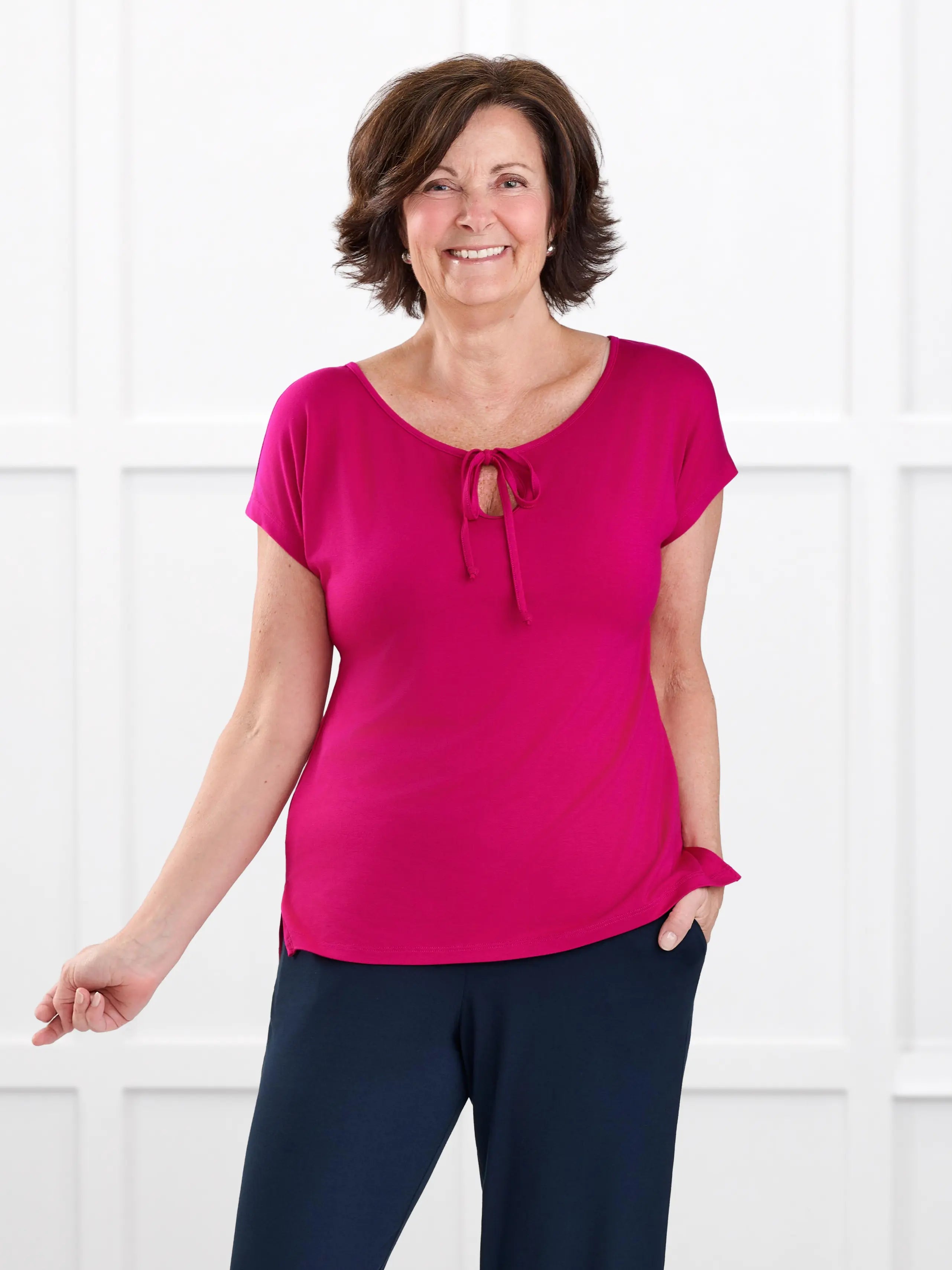 Josette reversible neckline keyhole dolman top for women in Dragon fruit on model Donna, size S Regular @Donna-S-regular 
