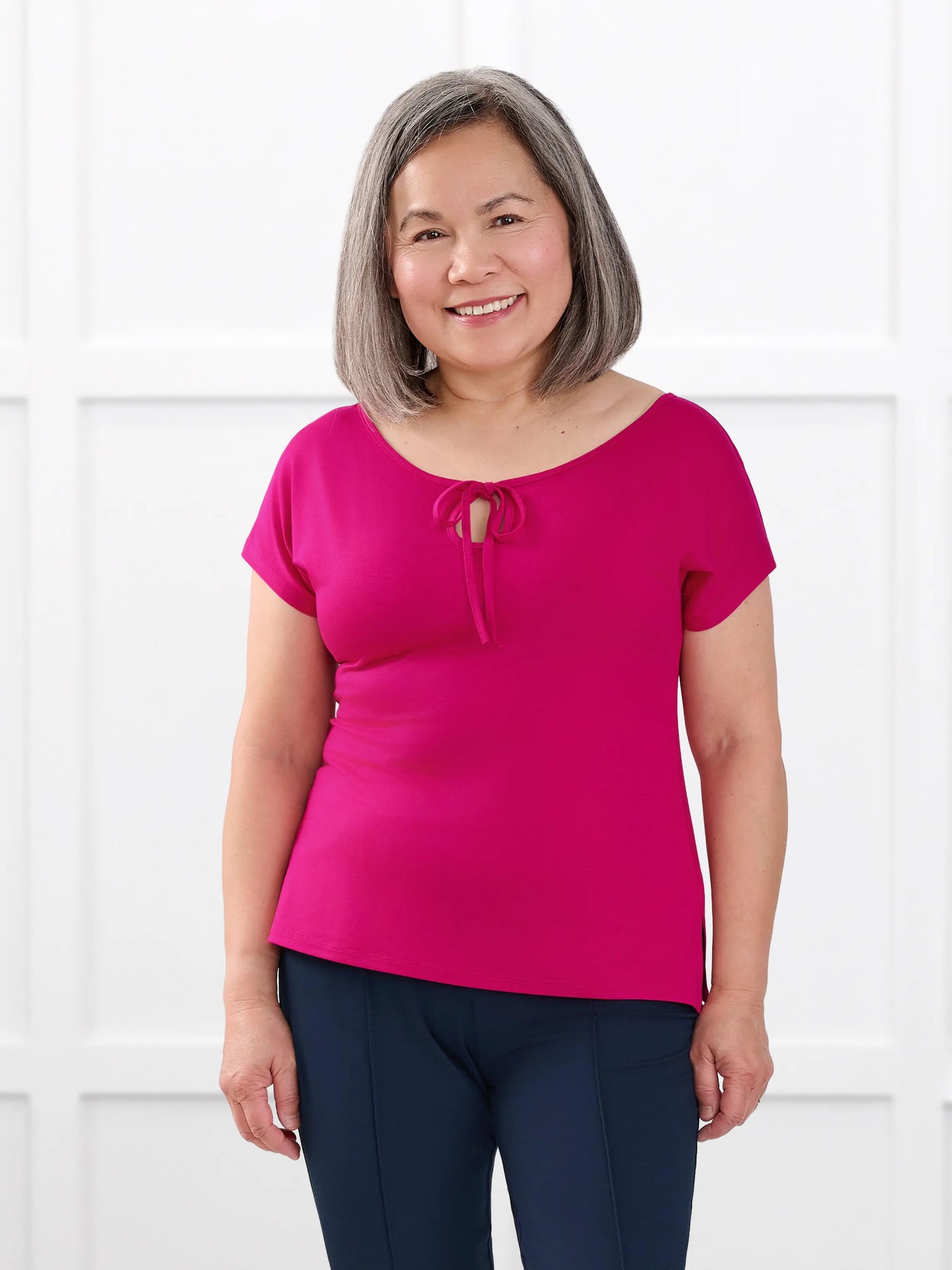 Josette reversible neckline keyhole dolman top for women in Dragon fruit on model Terry, size S Petite @Terry-S-petite 