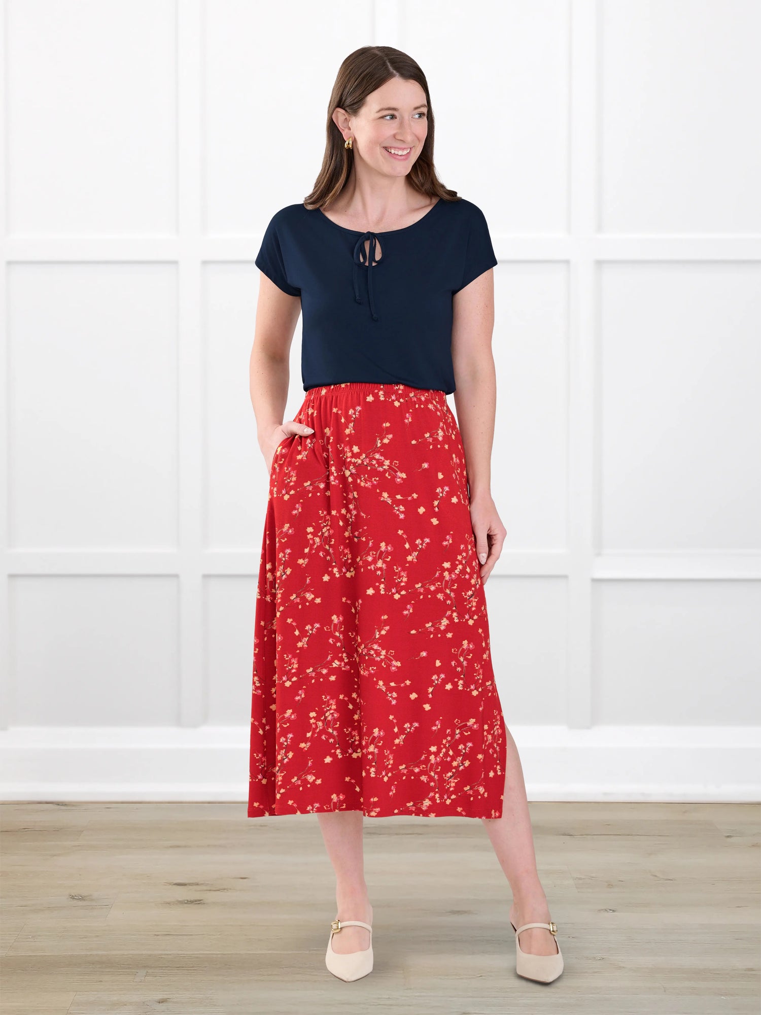 Josette reversible neckline keyhole dolman top for women in Navy on model Jo, size XS Regular @Jo-XS-regular 