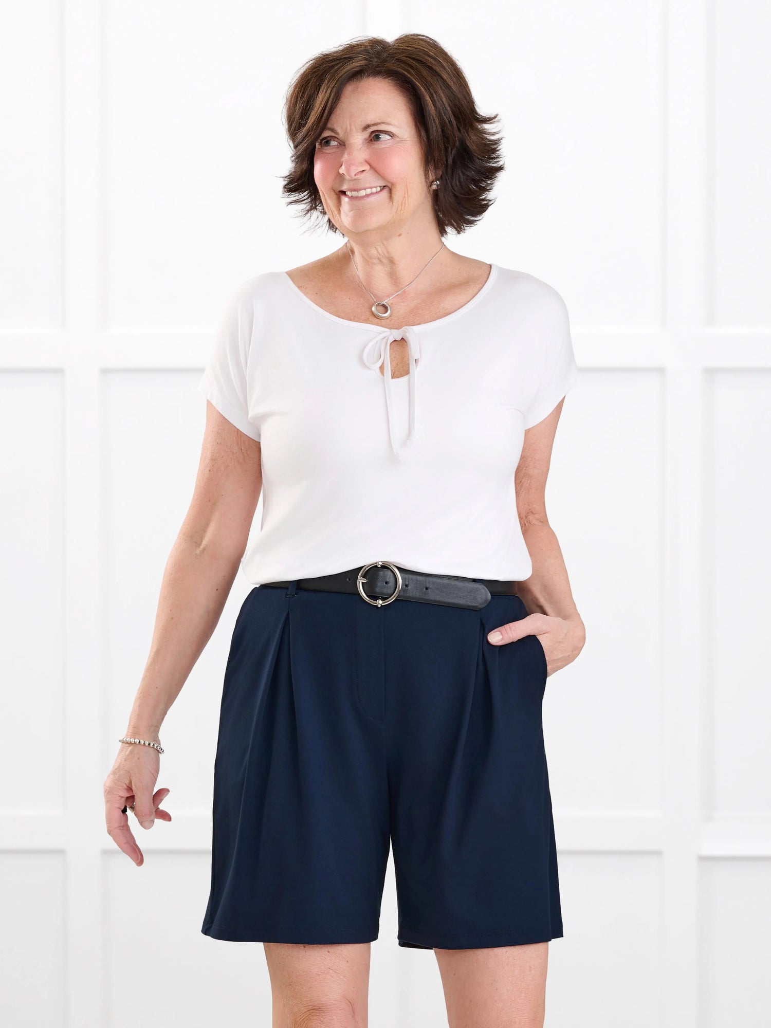 Josette reversible neckline keyhole dolman top for women in White on model Donna, size S Regular @Donna-S-regular 