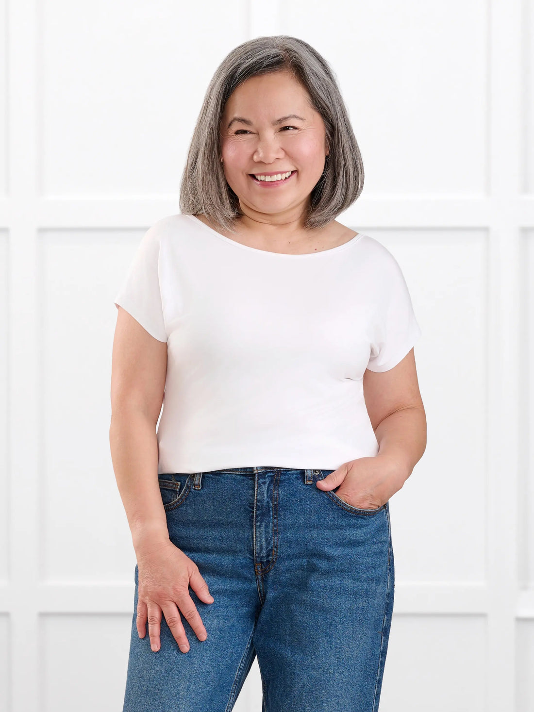 Josette reversible neckline keyhole dolman top for women in White on model Terry, size S Petite @Terry-S-petite 