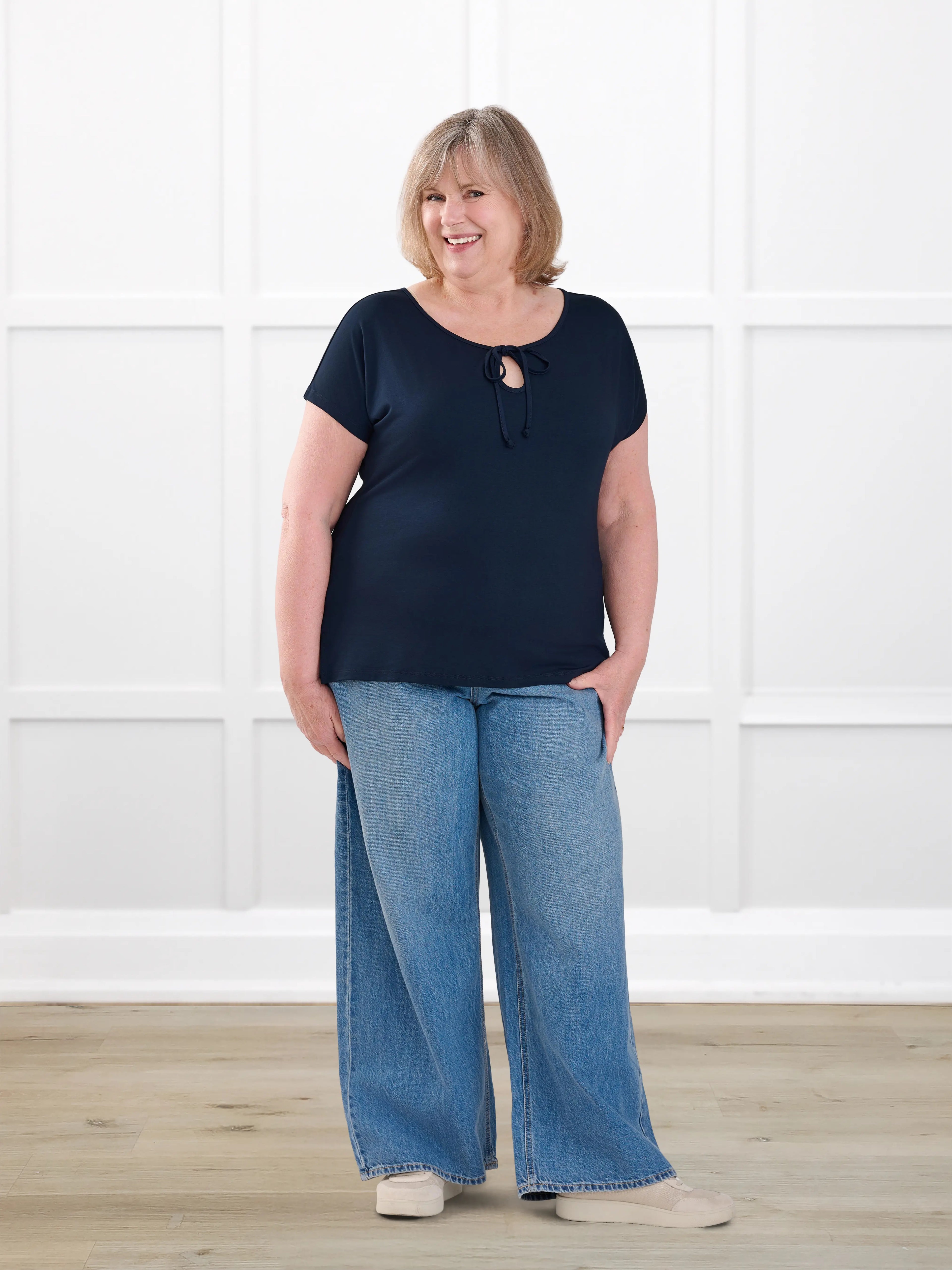 Josette reversible neckline keyhole dolman top for women in Navy on model Laurie, size XXL Regular @Laurie-XXL-regular 