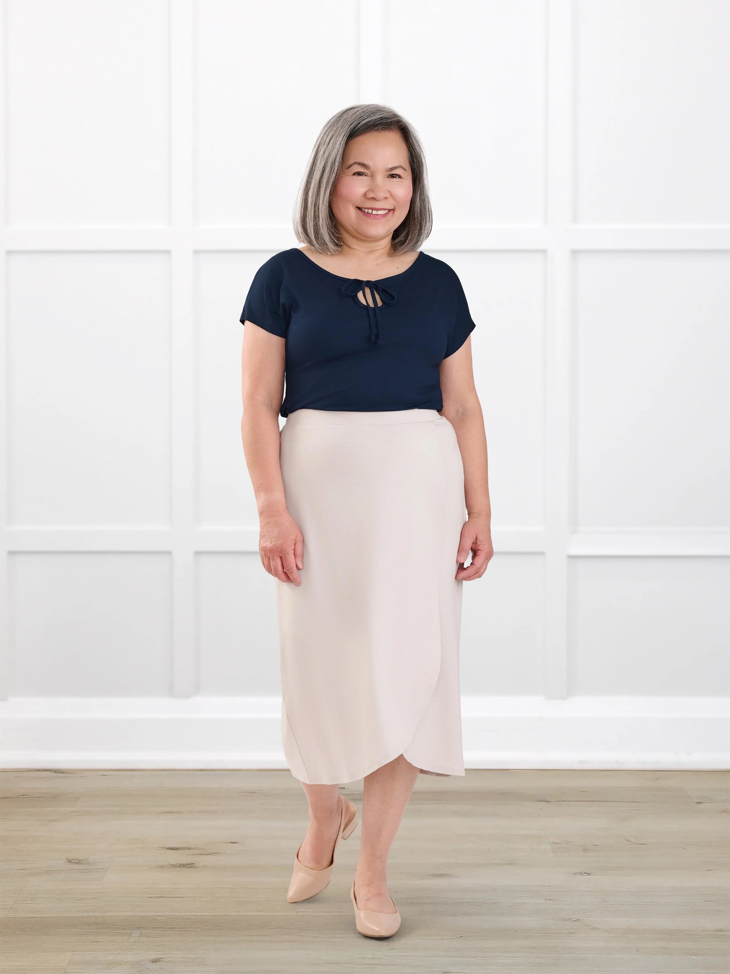 Josette reversible neckline keyhole dolman top for women in Navy on model Terry, size S Petite @Terry-S-petite 