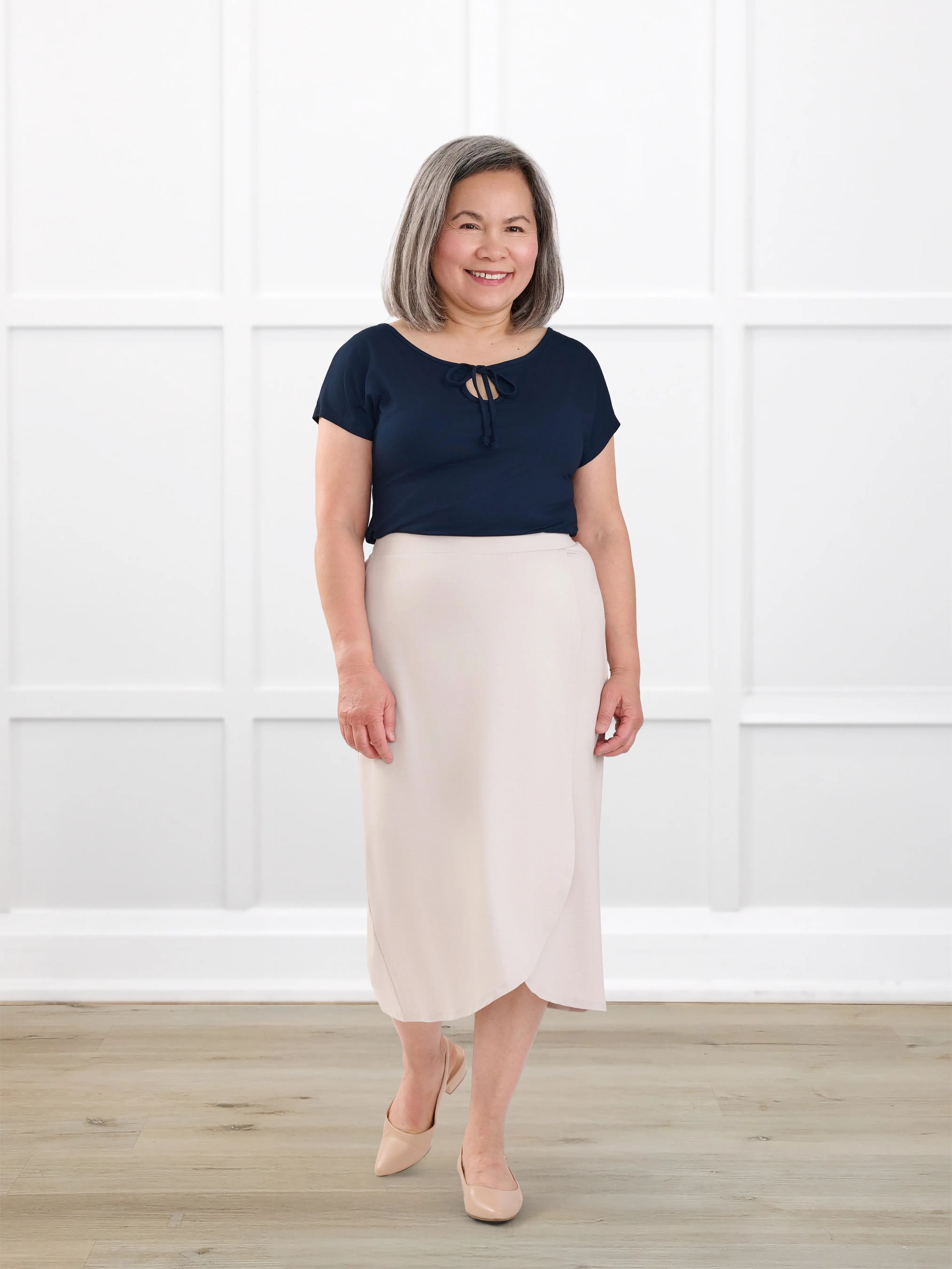 Josette reversible neckline keyhole dolman top for women in Navy on model Terry, size S Petite @Terry-S-petite 