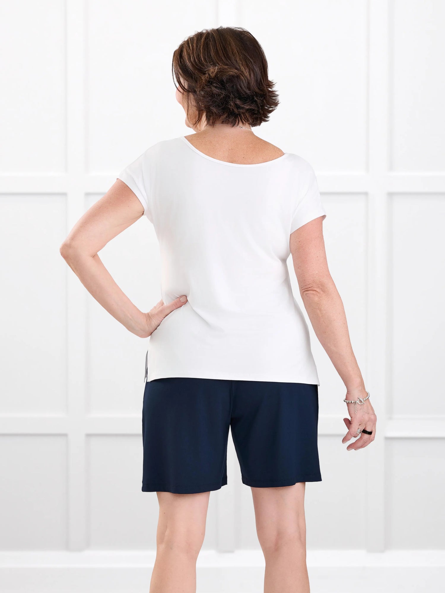 Josette reversible neckline keyhole dolman top for women in White on model Donna, size S Regular @Donna-S-regular 