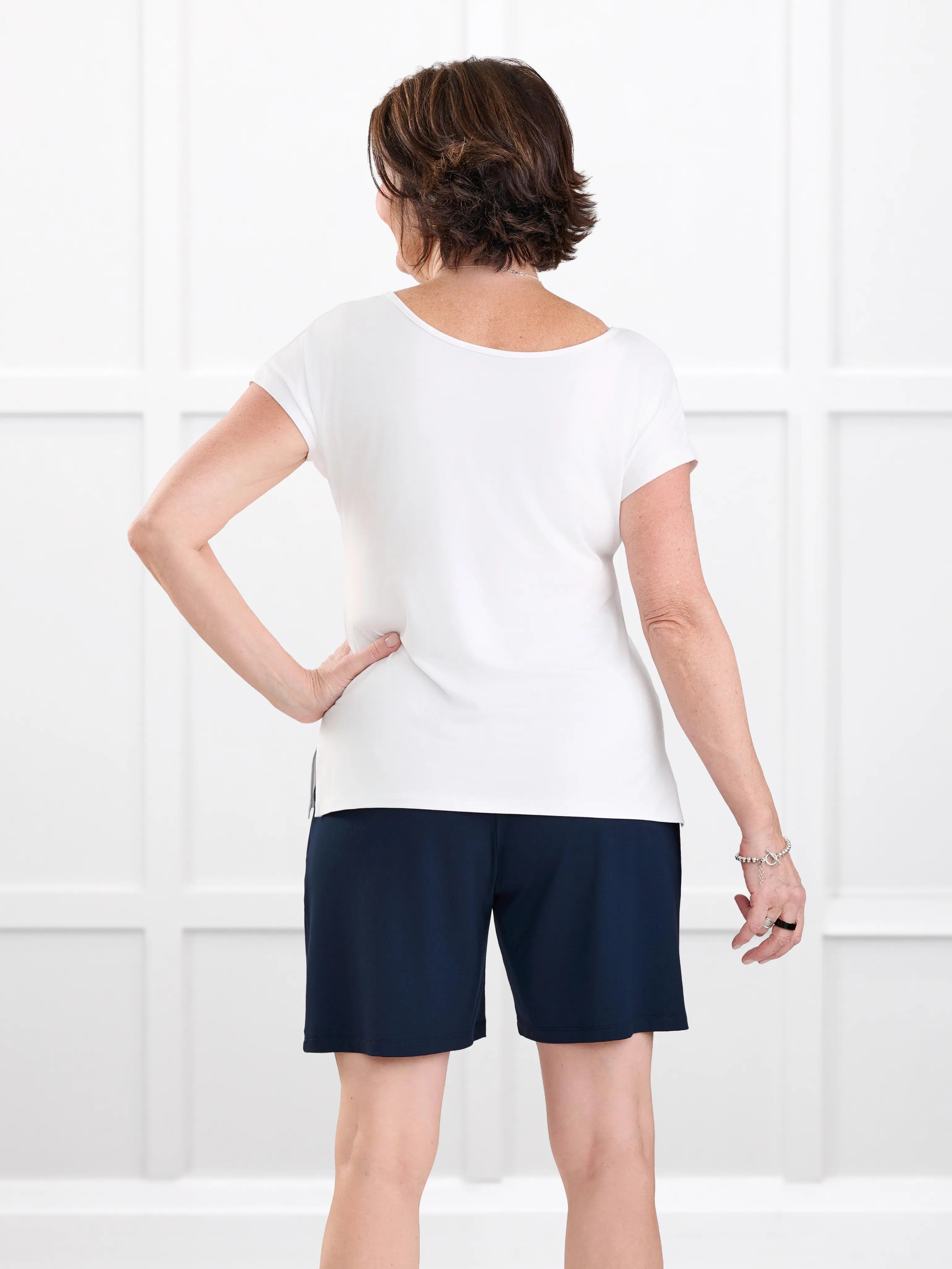 Josette reversible neckline keyhole dolman top for women in White on model Donna, size S Regular @Donna-S-regular 