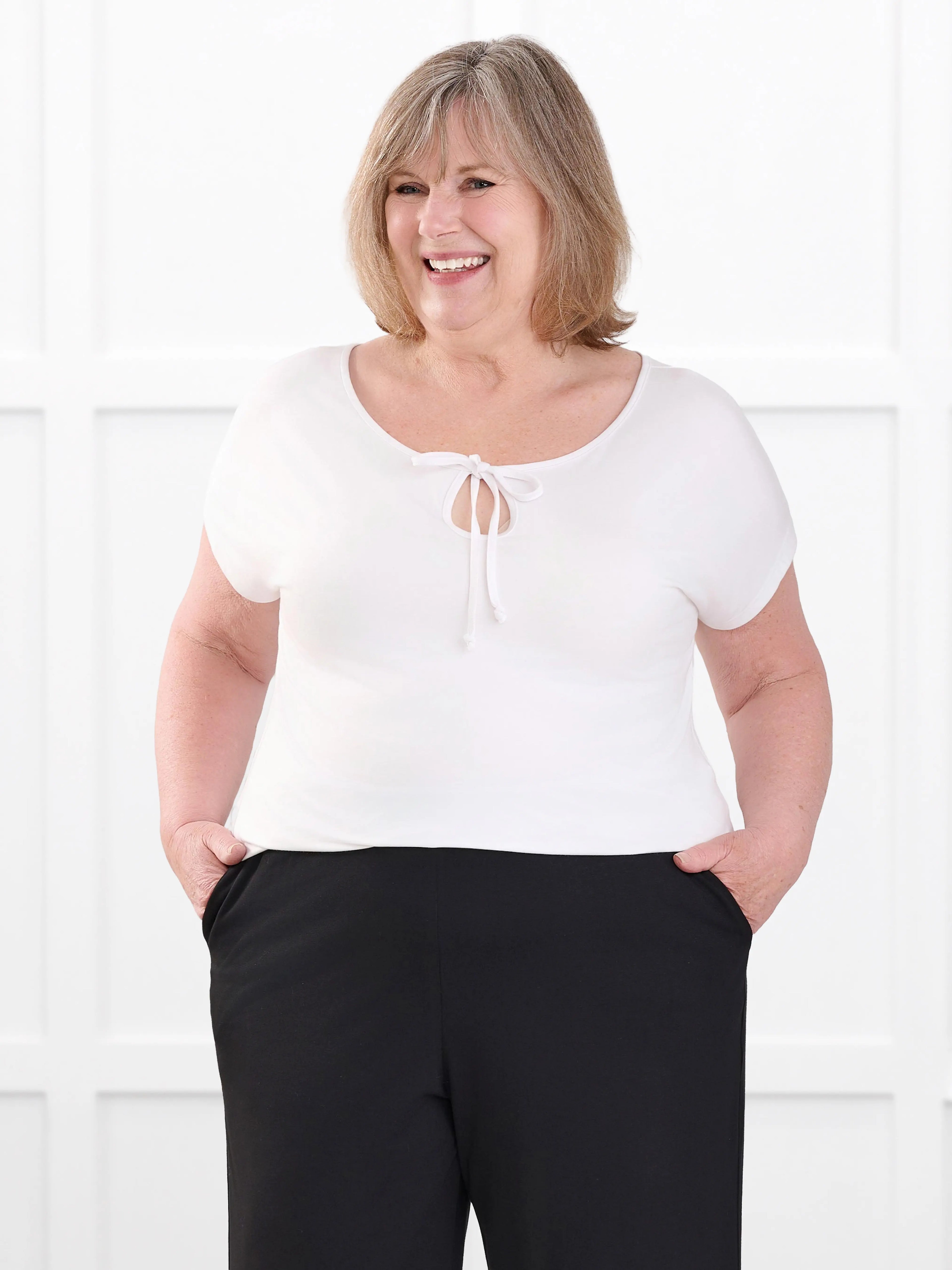 Josette reversible neckline keyhole dolman top for women in White on model Laurie, size XXL Regular @Laurie-XXL-regular 