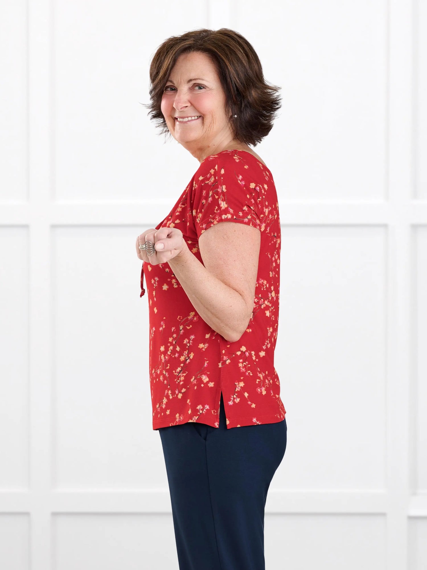 Josette reversible neckline keyhole dolman top for women in Chili blossom on model Donna, size S Regular @Donna-S-regular 