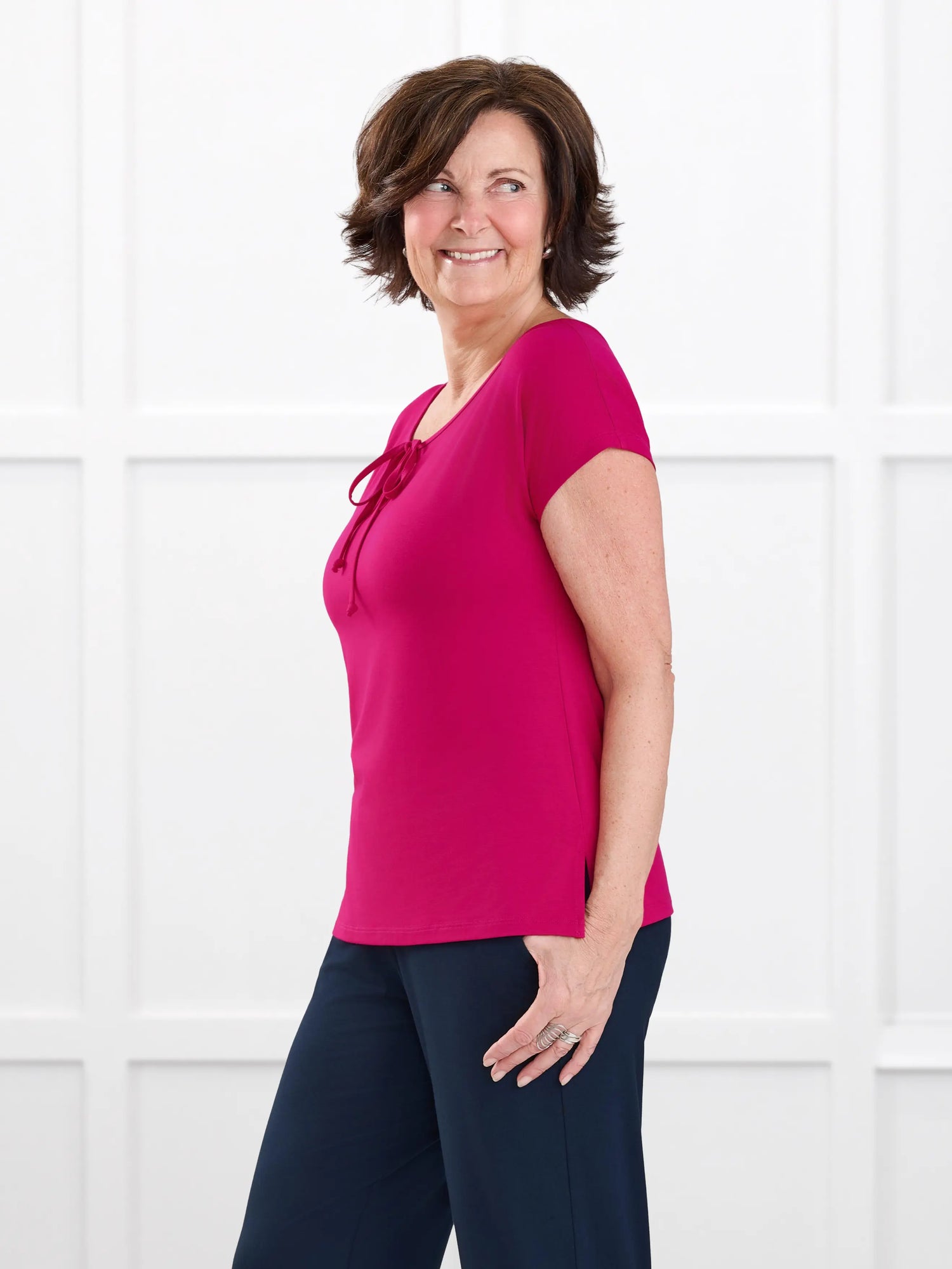 Josette reversible neckline keyhole dolman top for women in Dragon fruit on model Donna, size S Regular @Donna-S-regular 