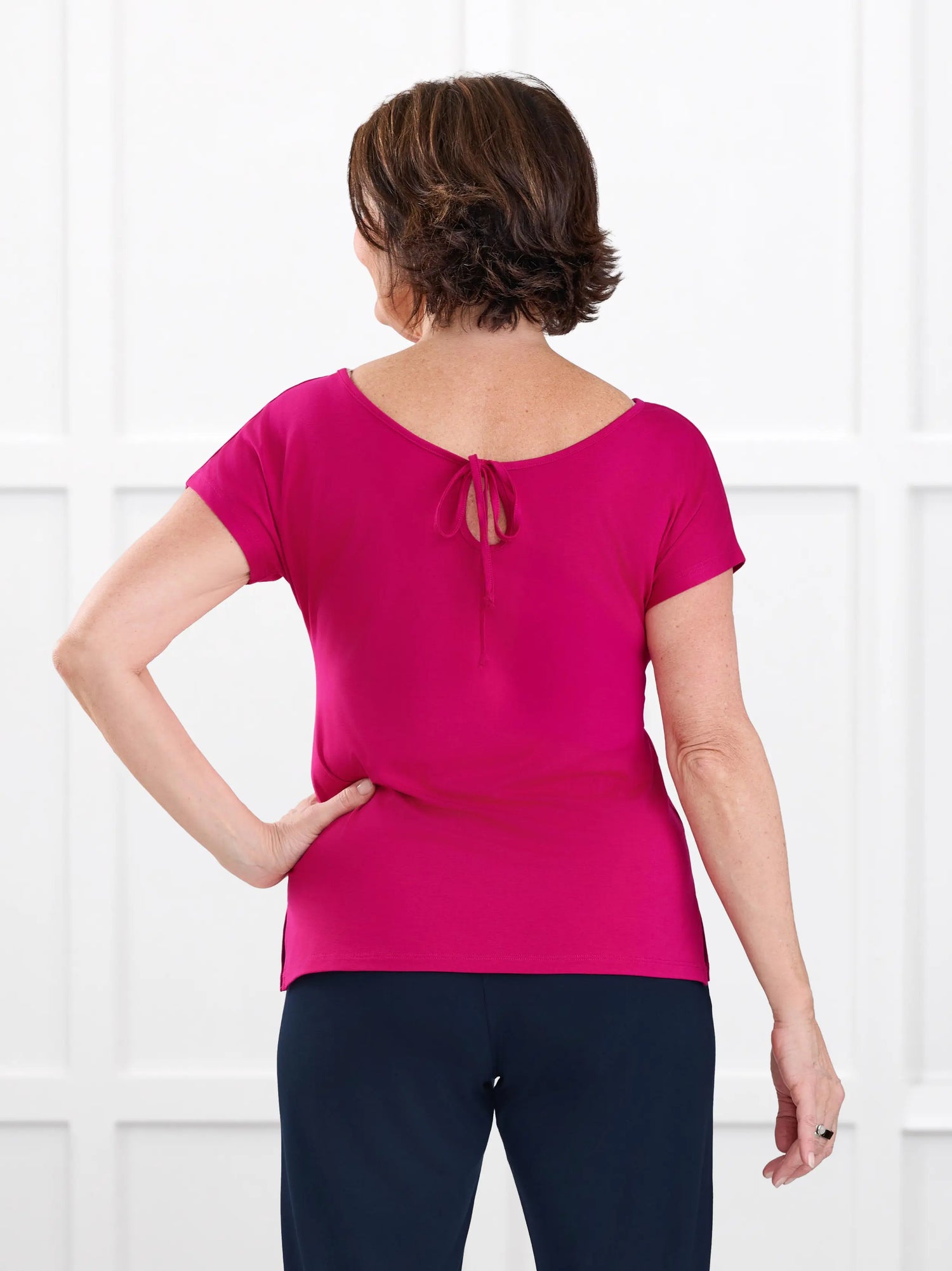 Josette reversible neckline keyhole dolman top for women in Dragon fruit on model Donna, size S Regular @Donna-S-regular 