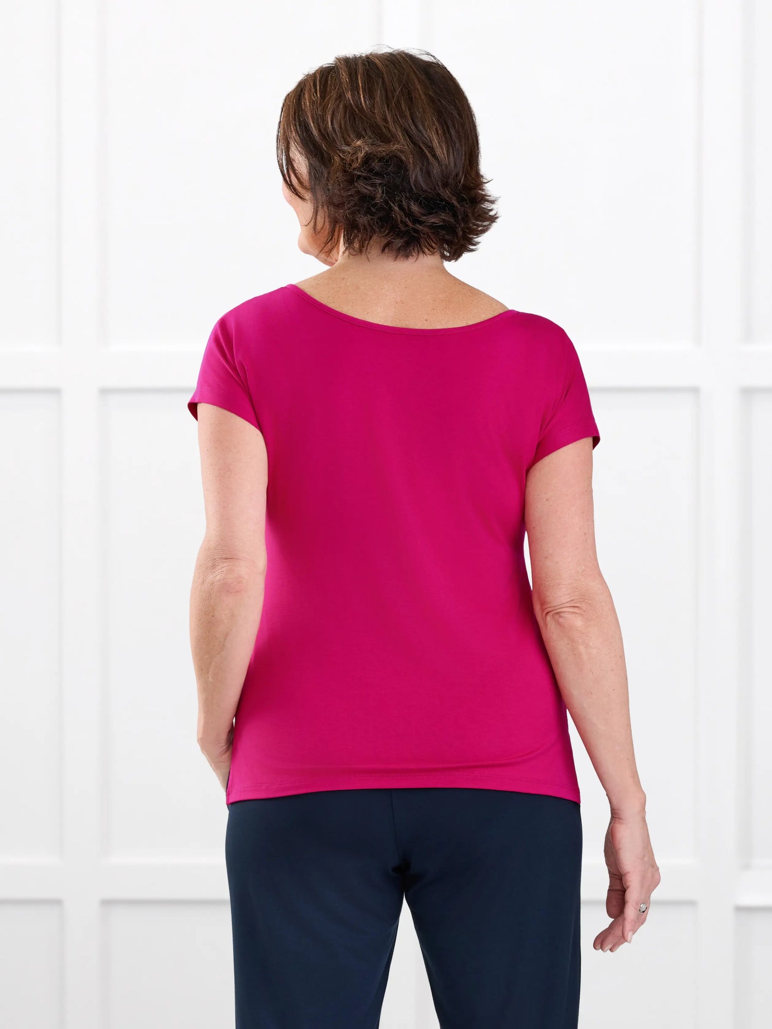 Josette reversible neckline keyhole dolman top for women in Dragon fruit on model Donna, size S Regular @Donna-S-regular 
