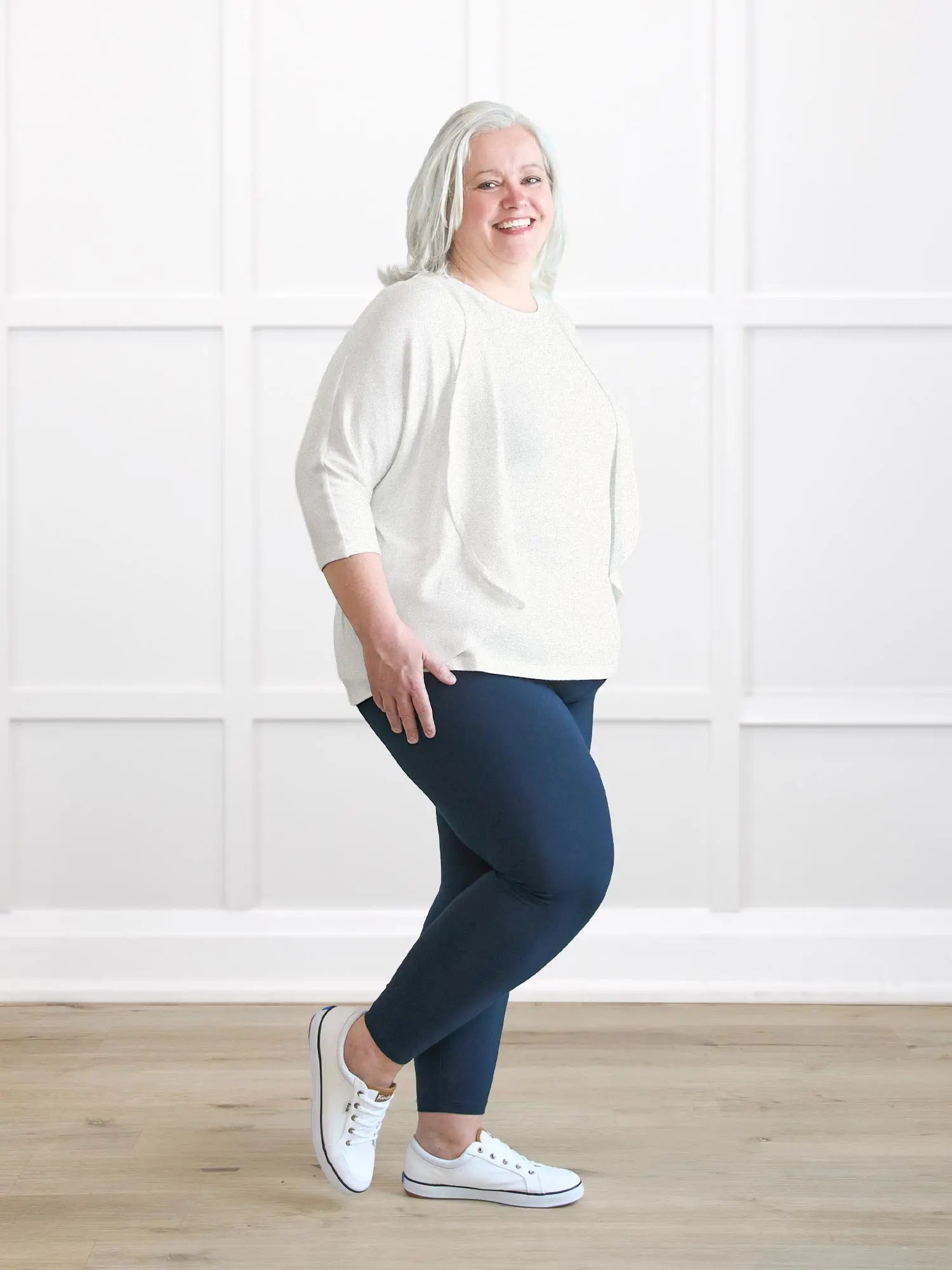 Jovi sweater knit bolero cardigan 00 in Ivory on model Colleen, size XXL @Colleen-XXL 