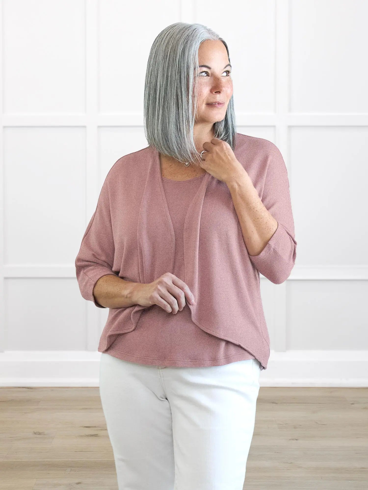 Jovi sweater knit bolero cardigan 00 in Rose mauve on model Kerri, size S @Kerri-S 