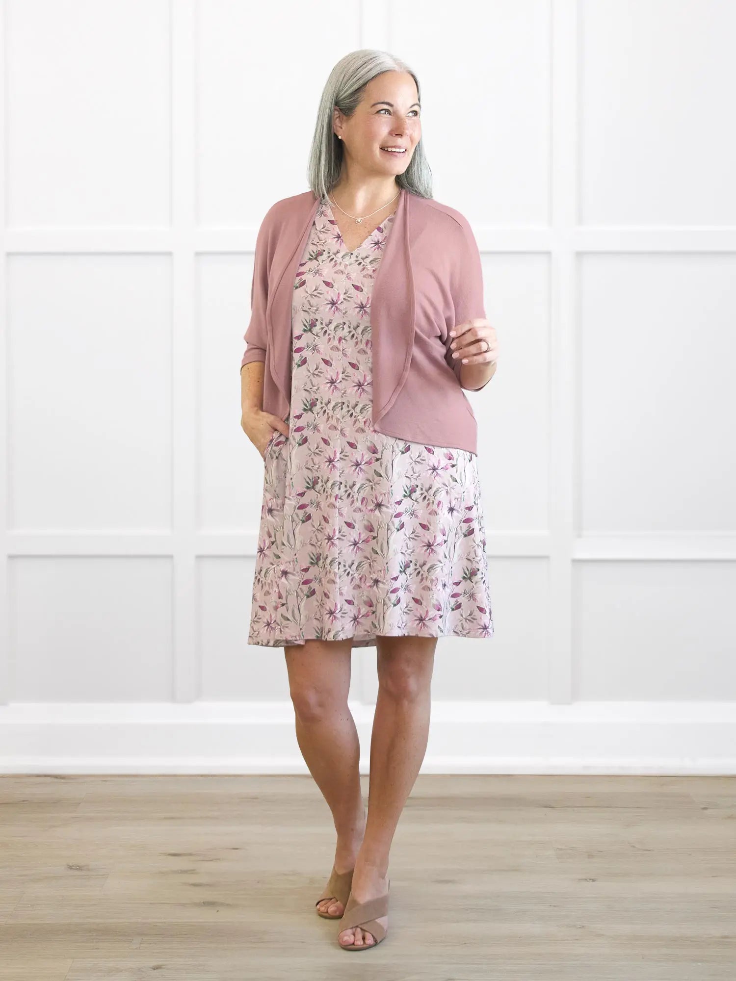 Jovi sweater knit bolero cardigan in Rose mauve on model Kerri, size S @Kerri-S 