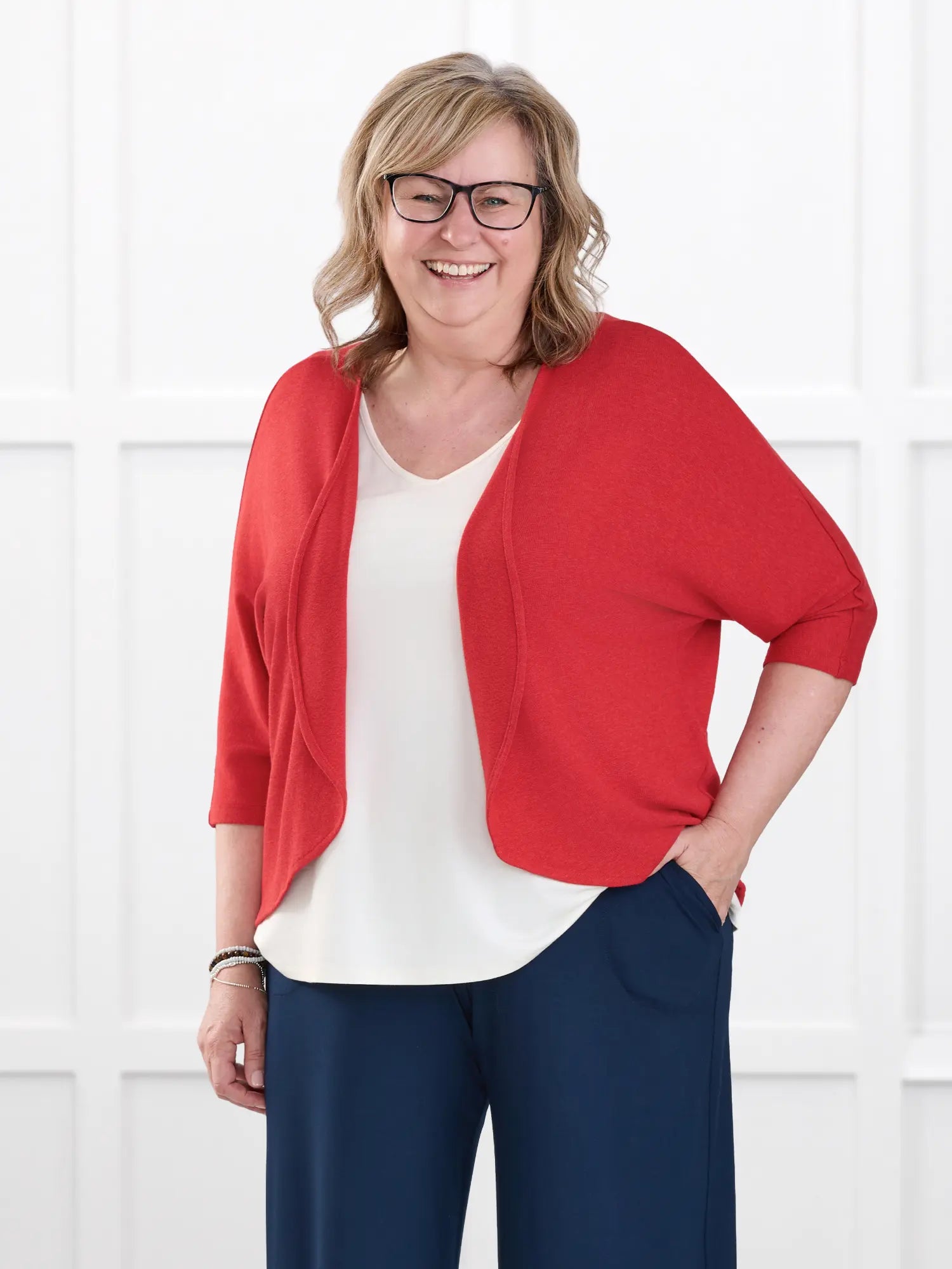 Jovi sweater knit bolero cardigan for women in Chili on model Deb, size XL @Deb-XL 