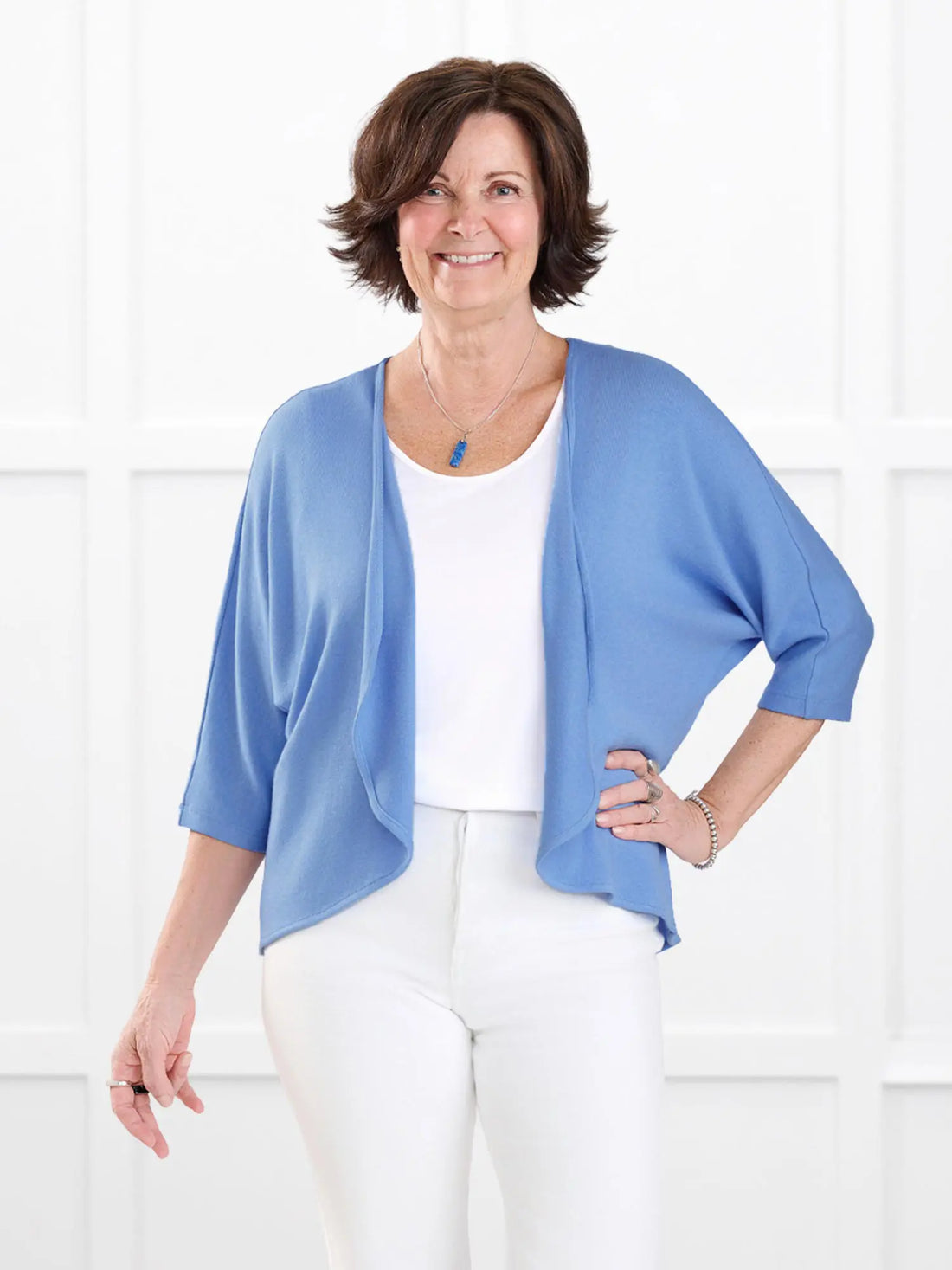 Jovi sweater knit bolero cardigan for women in Cornflower on model Donna, size S @Donna-S 