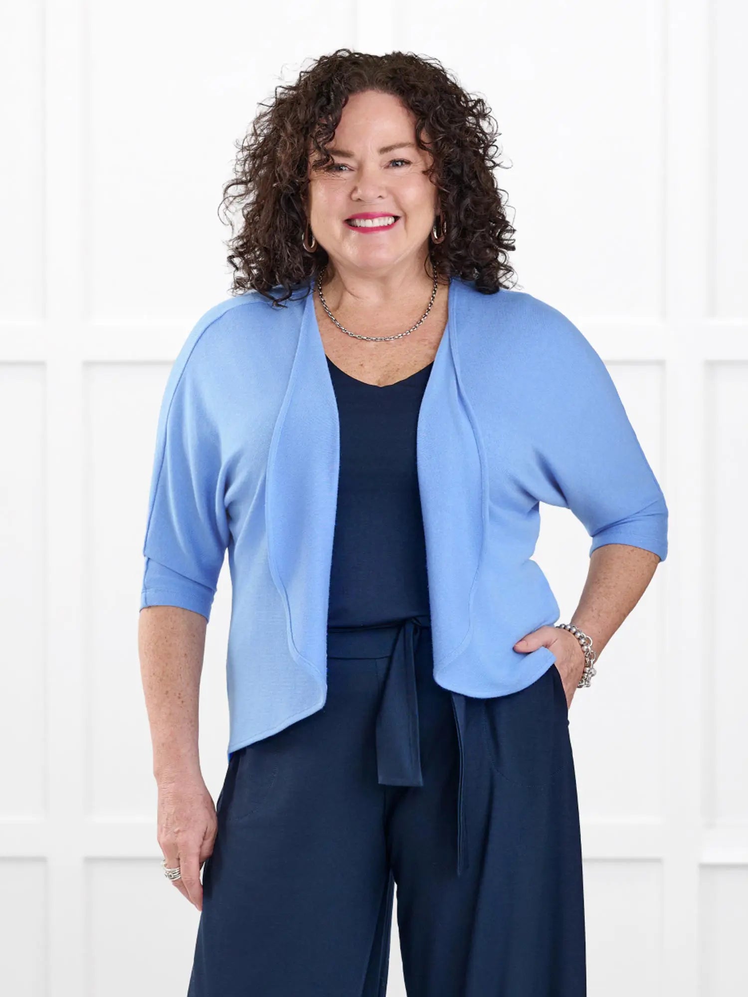 Jovi sweater knit bolero cardigan for women in Cornflower on model Kerri, size M @Kerri-M 