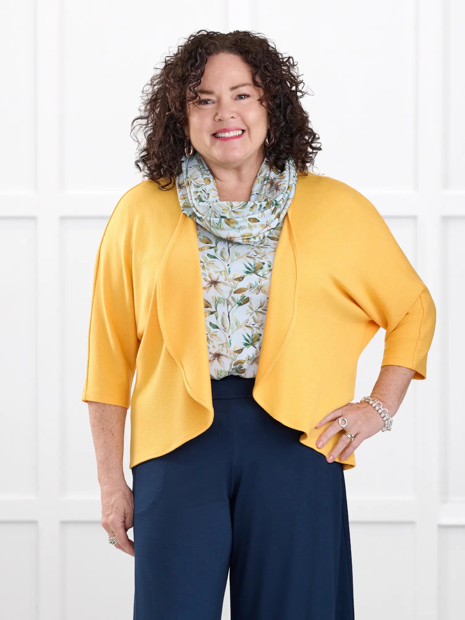 Jovi sweater knit bolero cardigan for women in Daffodil on model Kerri, size M @Kerri-M 