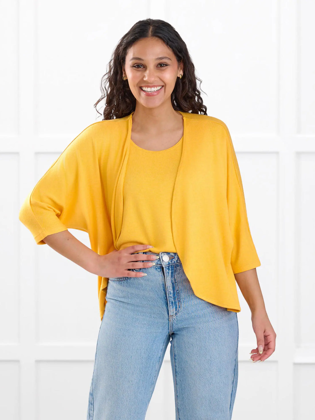 Jovi sweater knit bolero cardigan for women in Daffodil on model Meron, size XS @Meron-XS 