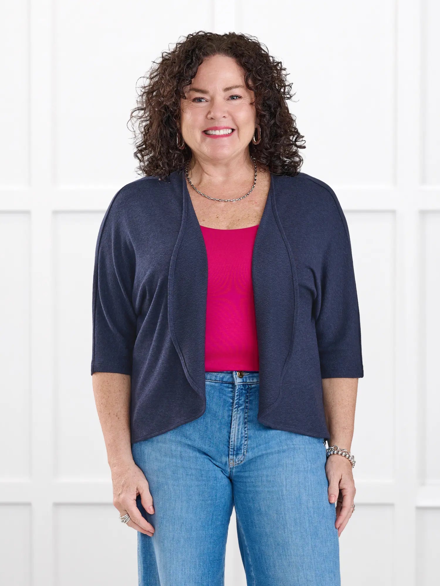 Jovi sweater knit bolero cardigan for women in Midnight blue on model Kerri, size M @Kerri-M 