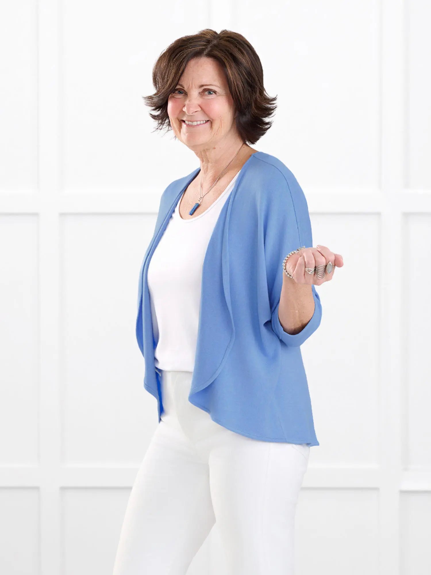 Jovi sweater knit bolero cardigan for women in Cornflower on model Donna, size S @Donna-S 