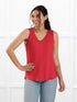 Jules v neck sleeveless top for women in Chili on model Meron, size XS @Meron-XS 