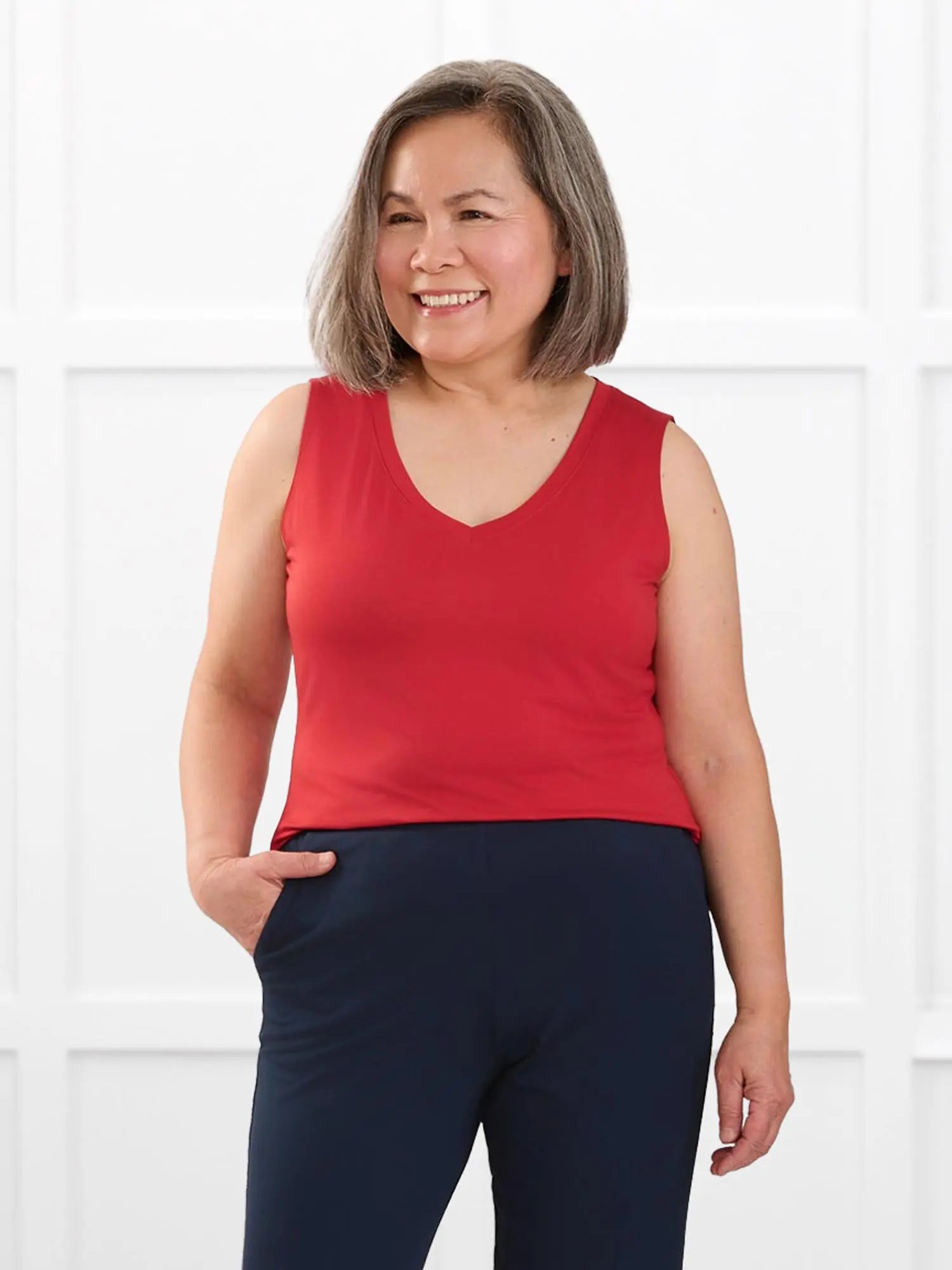 Jules v neck sleeveless top for women in Chili on model Terry, size S @Terry-S 