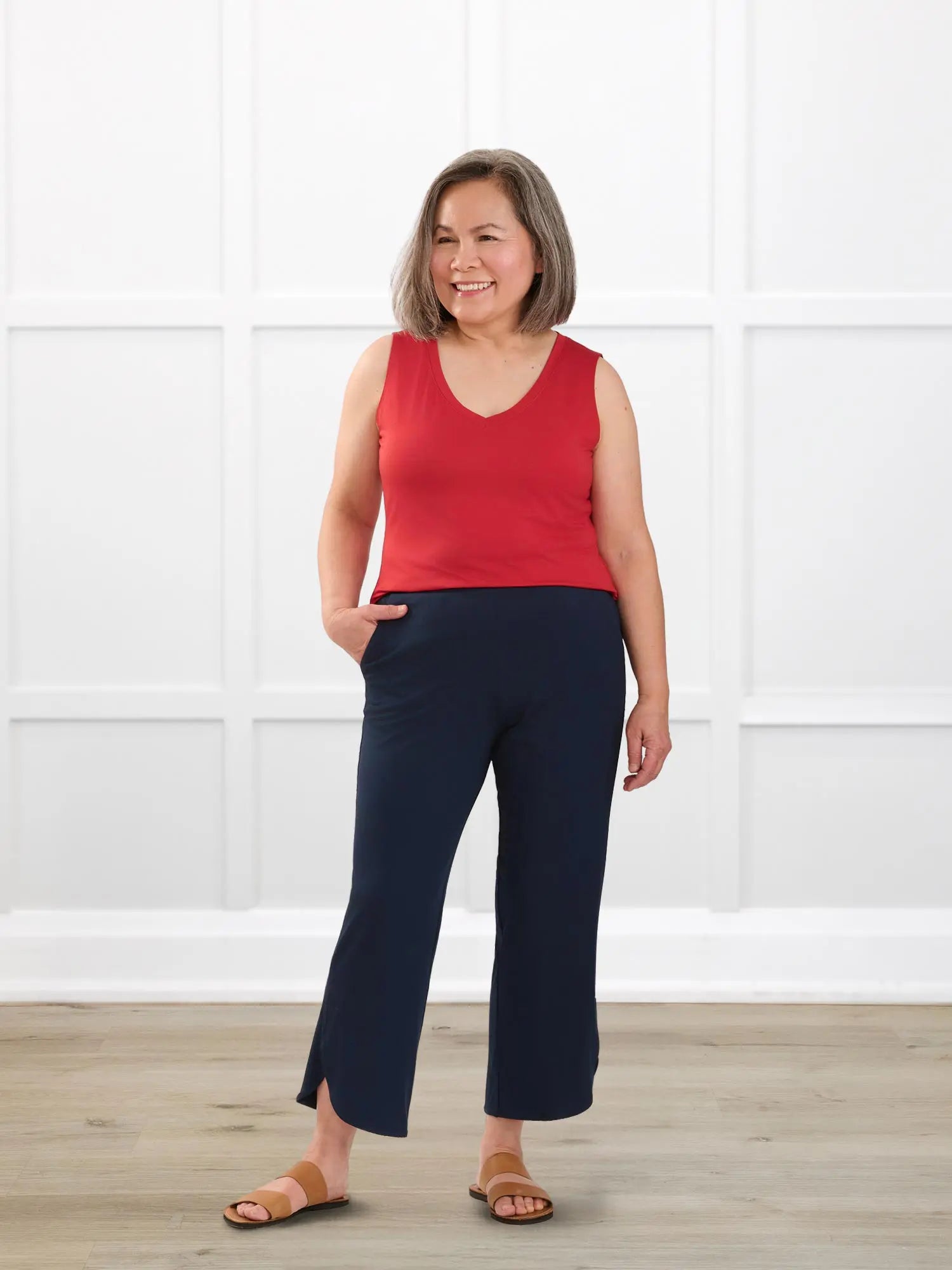 Jules v neck sleeveless top for women in Chili on model Terry, size S @Terry-S 
