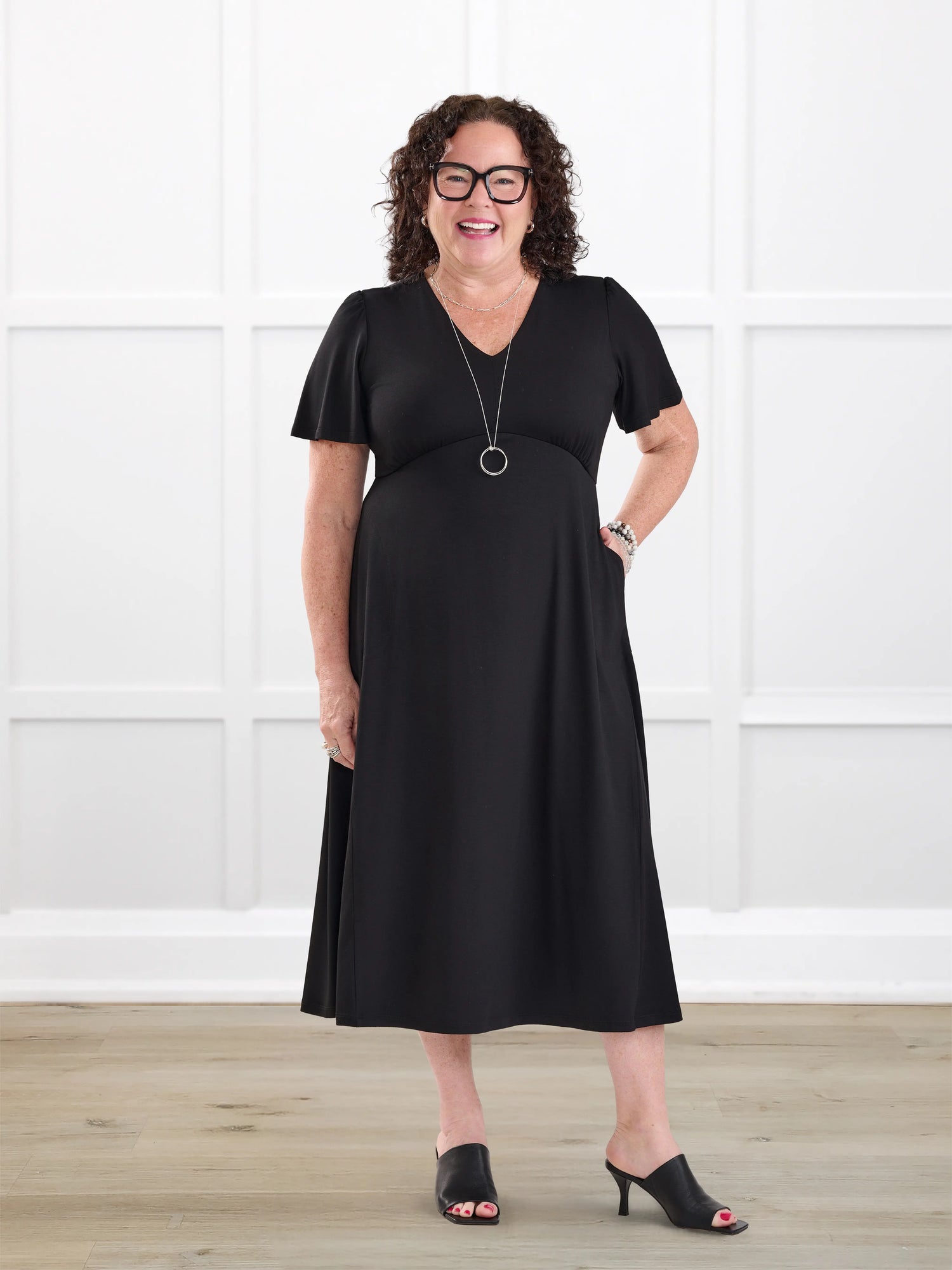 Juliana flutter sleeve midi dress for women in Black on model Kerri, size M Petite @Kerri-M-petite 