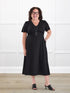Juliana flutter sleeve midi dress for women in Black on model Kerri, size M Petite @Kerri-M-petite 