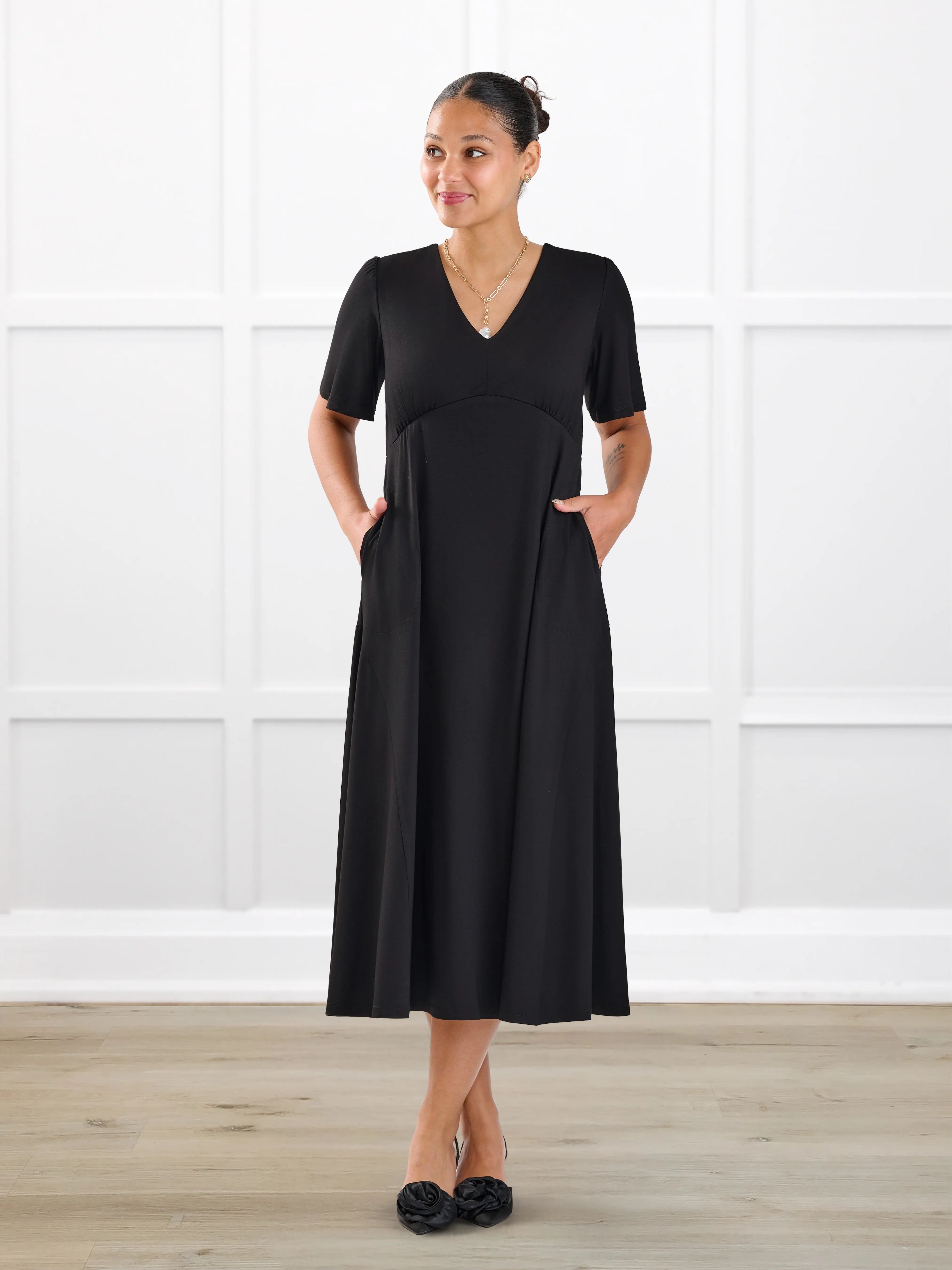 Juliana flutter sleeve midi dress for women in Black on model Meron, size XS Regular @Meron-XS-regular 