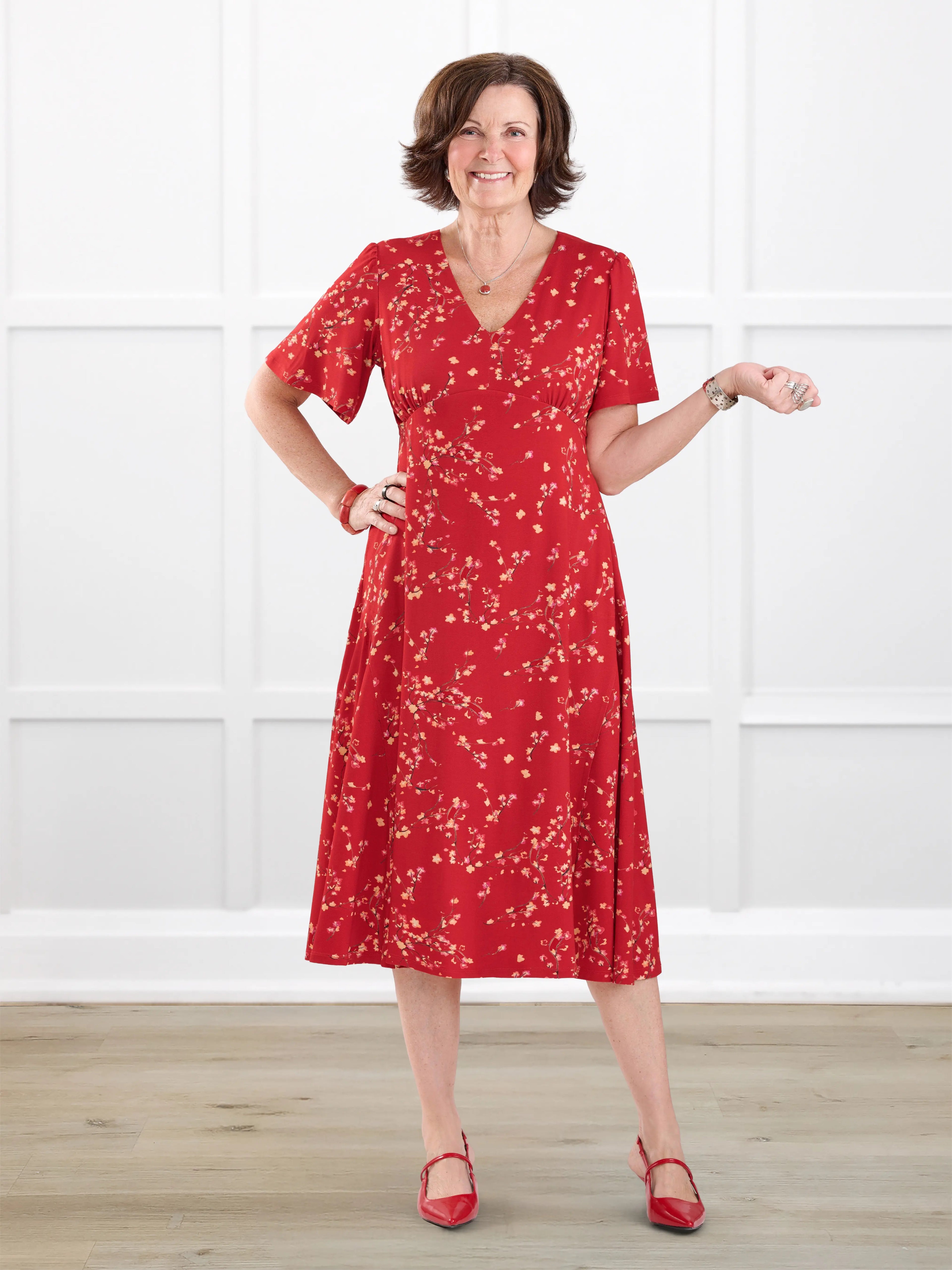 Juliana flutter sleeve midi dress for women in Chili blossom on model Donna, size S Regular @Donna-S-regular 