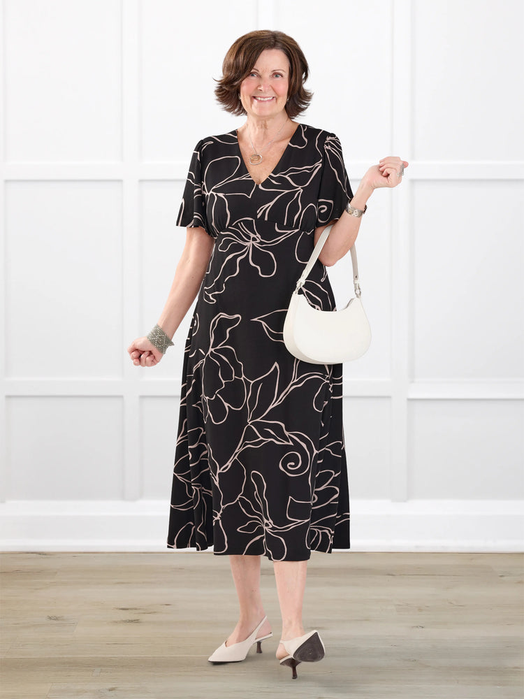 Juliana flutter sleeve midi dress for women in Contour floral on model Donna, size S Regular @Donna-S-regular 
