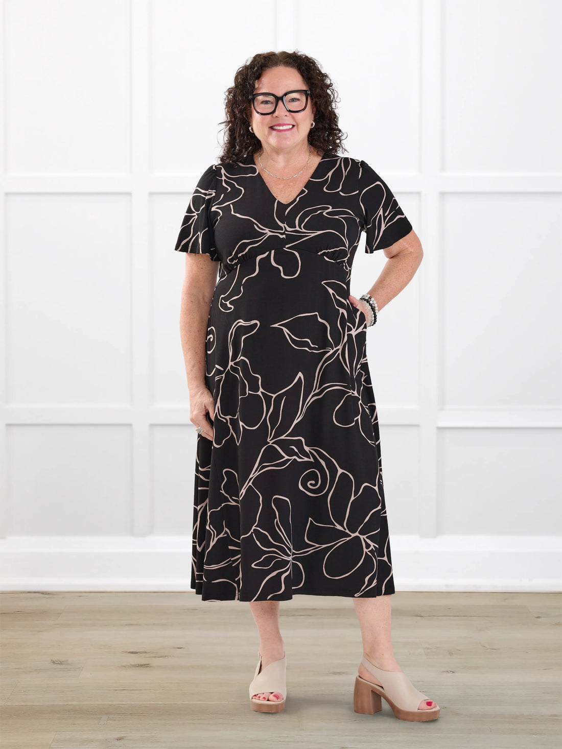 Juliana flutter sleeve midi dress for women in Contour floral on model Kerri, size M Petite @Kerri-M-petite 