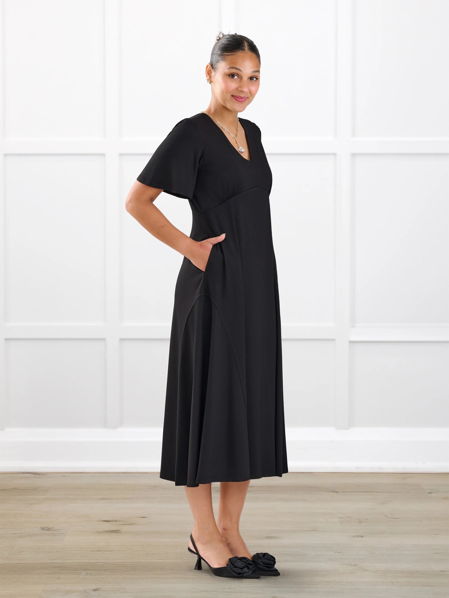 Juliana flutter sleeve midi dress for women in Black on model Meron, size XS Regular @Meron-XS-regular 
