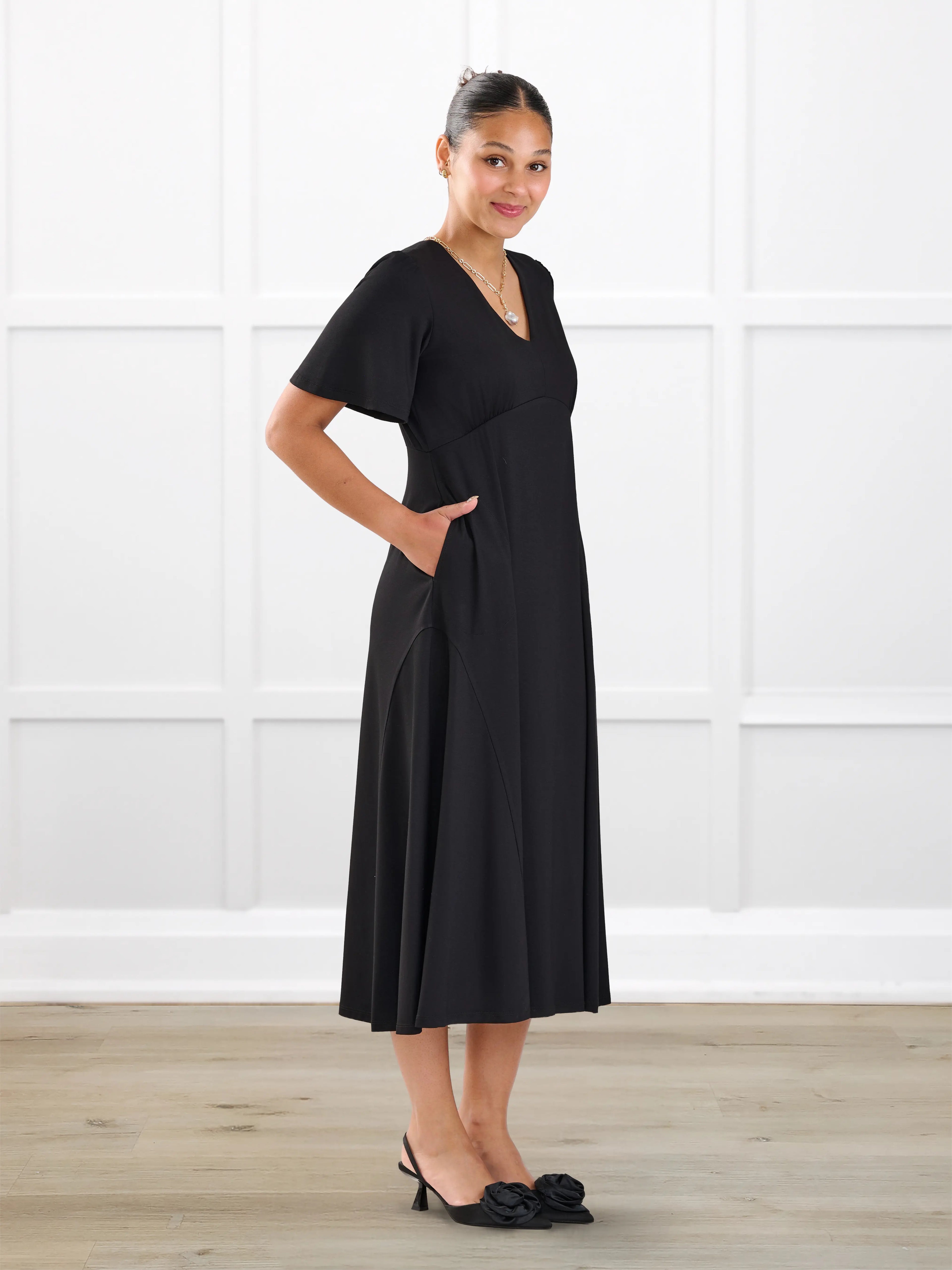 Juliana flutter sleeve midi dress for women in Black on model Meron, size XS Regular @Meron-XS-regular 